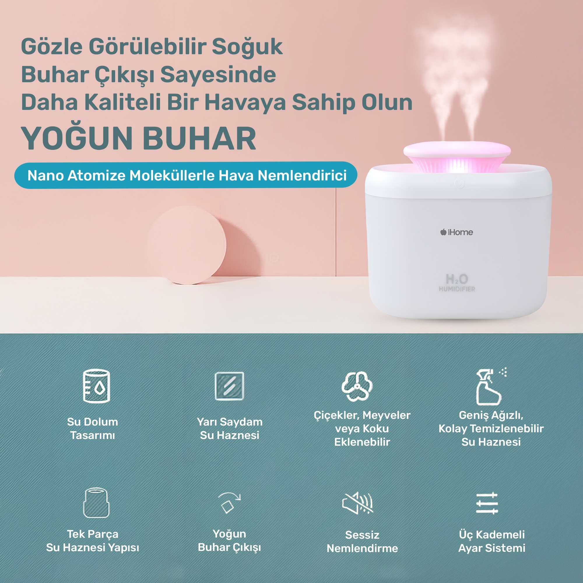 Pembe ışıklı beyaz bir nemlendirici buhar yayıyor. Metin: 'Yoğun Buhar'. Simgeler, su dolumu ve aroma gibi özellikleri gösteriyor.