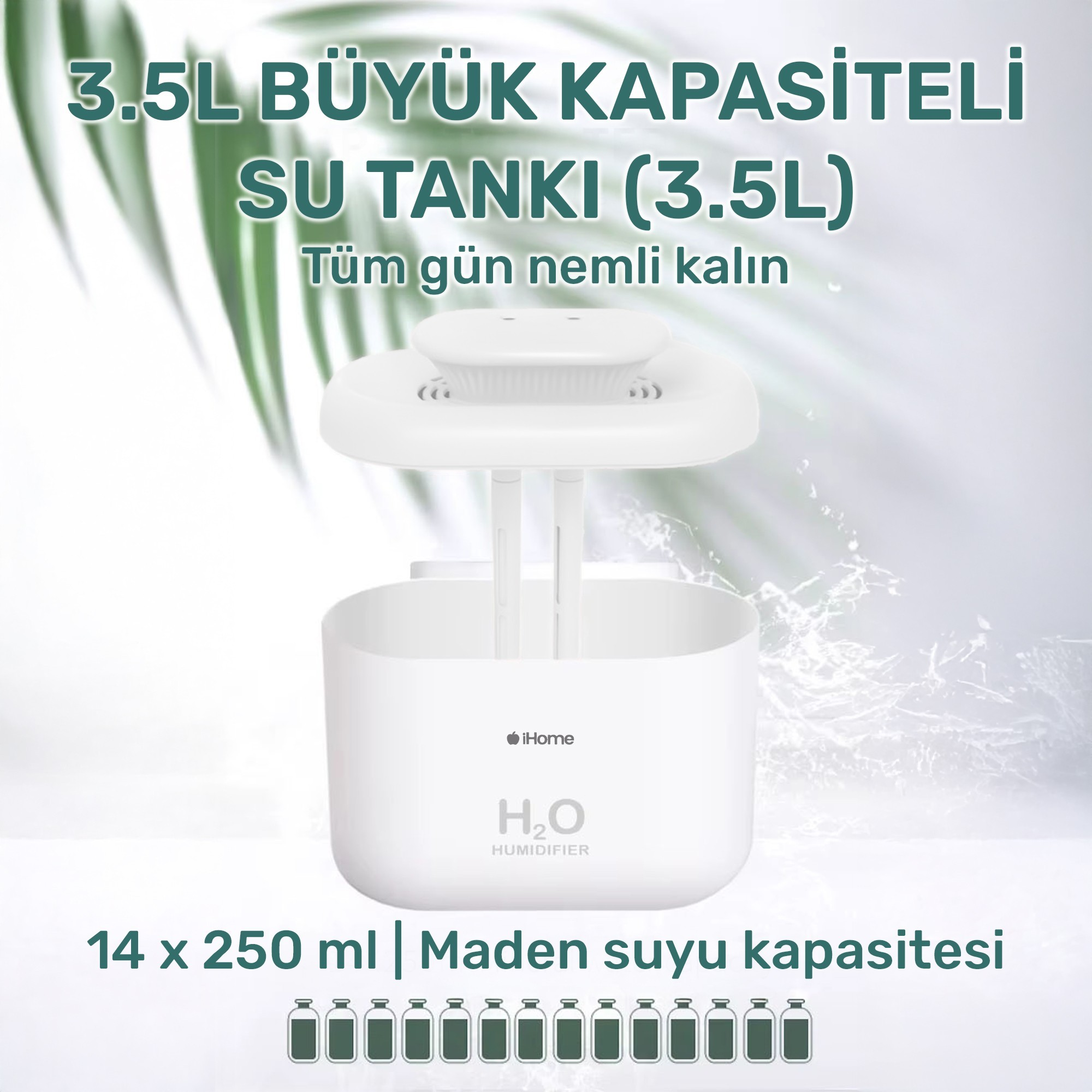 3.5L tanklı, H2O logolu, 14 x 250ml kapasiteli beyaz nemlendirici. Arka planda yeşil yapraklar.