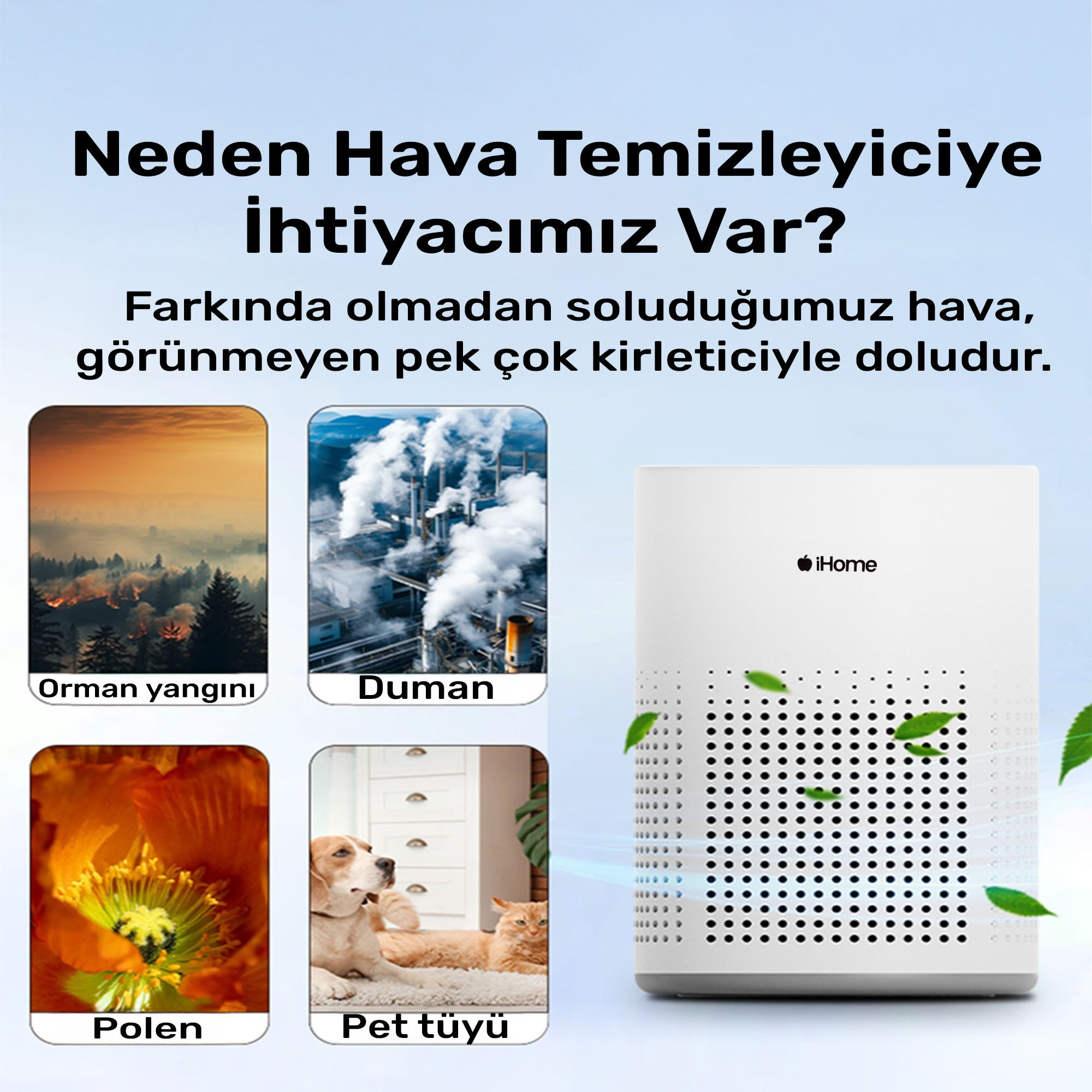 Görselde hava kirleticileri gösteriliyor: orman yangını, duman, polen, evcil hayvan tüyü ve bir hava temizleyici. Metinde 'Neden hava temizleyiciye ihtiyacımız var?' sorusu soruluyor.