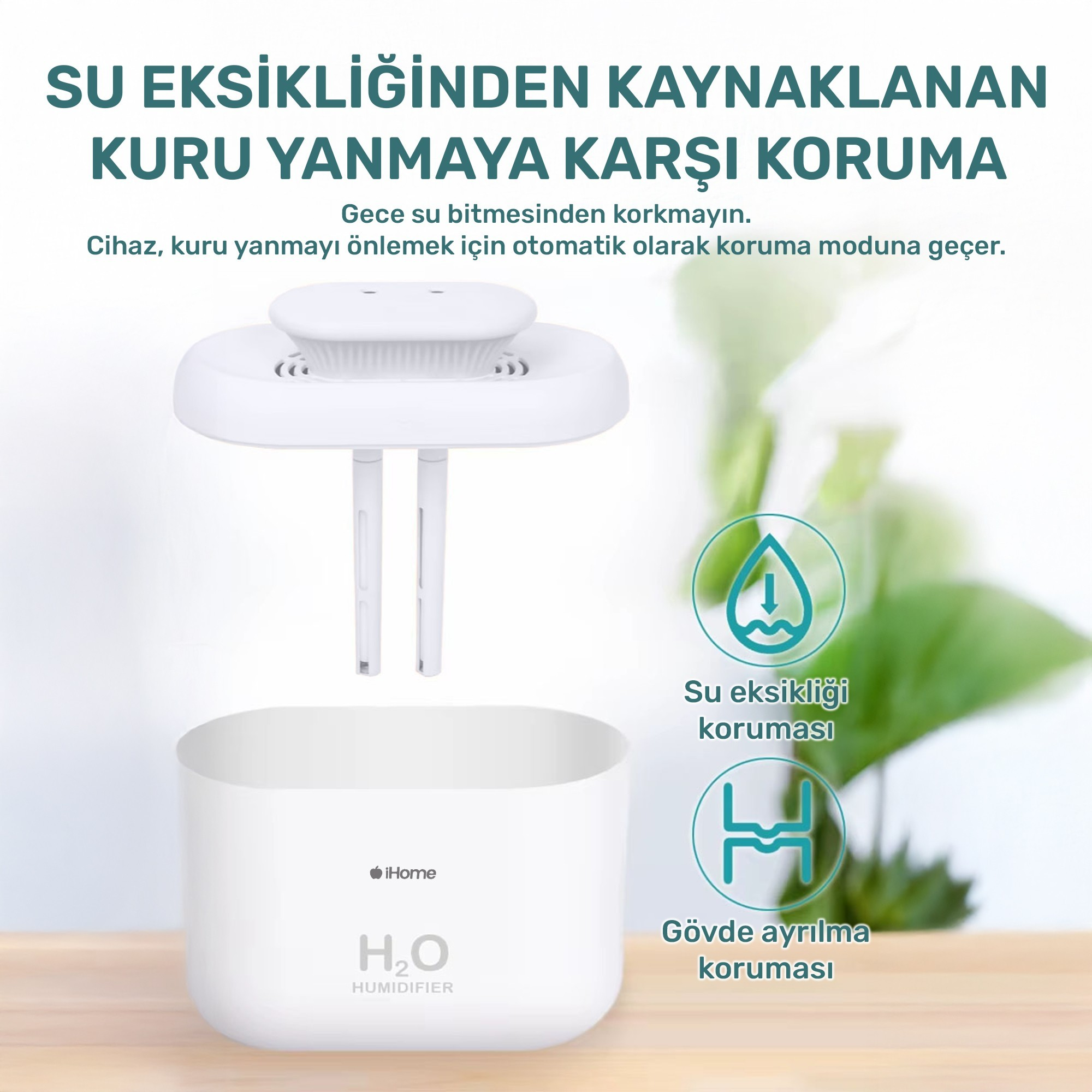 Metin, yaprak grafiği ve su ve gövde ayrımı koruma simgeleri içeren beyaz nemlendirici. iHome markası.