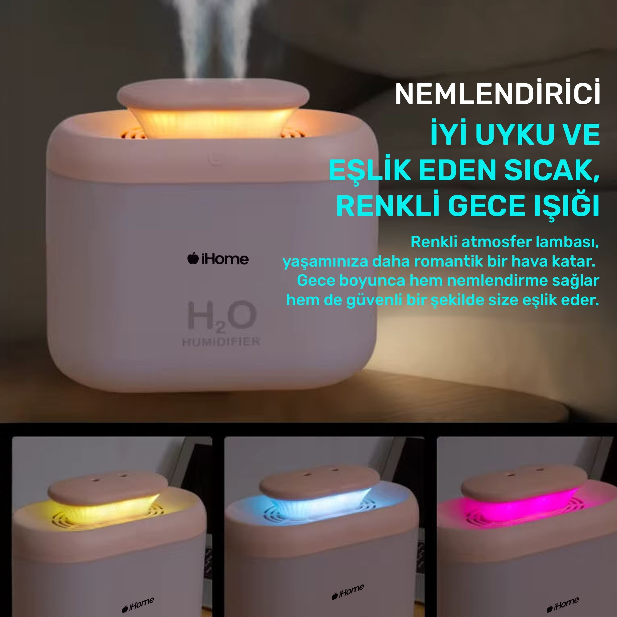 Işıklı beyaz ve pembe bir nemlendirici. 'iHome' ve 'H2O nemlendirici' logosu var.