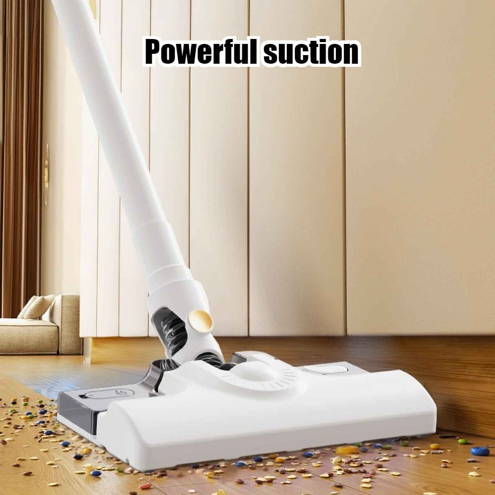 Ein weißer Staubsauger reinigt einen Holzboden mit verstreuten Trümmern. Hintergrund zeigt einen Raum und Text 'Powerful suction'.