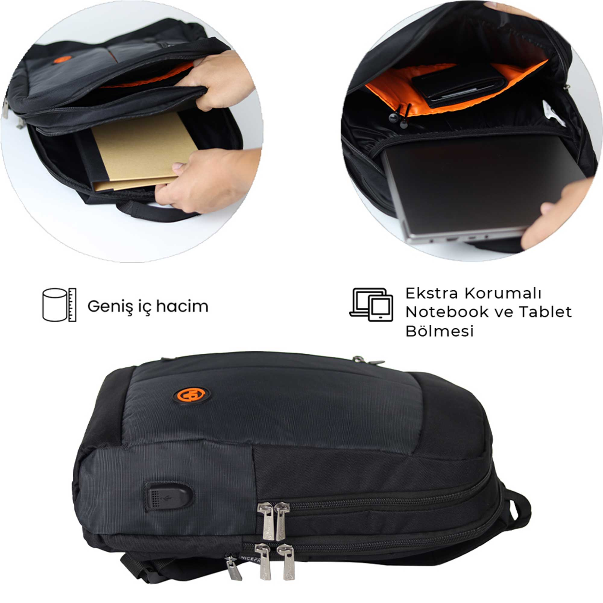 Çok bölmeli siyah sırt çantası. Eller cepleri açıyor, defter, cüzdan ve dizüstü bilgisayarı gösteriyor. Turuncu detaylar ve USB portu.