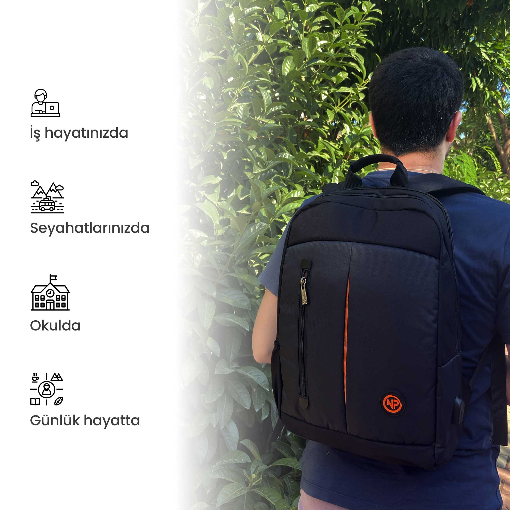 Siyah sırt çantalı adam. Önünde turuncu şerit. Yeşil yaprak arka planı. İş, seyahat, okul ve günlük kullanım için sırt çantası.