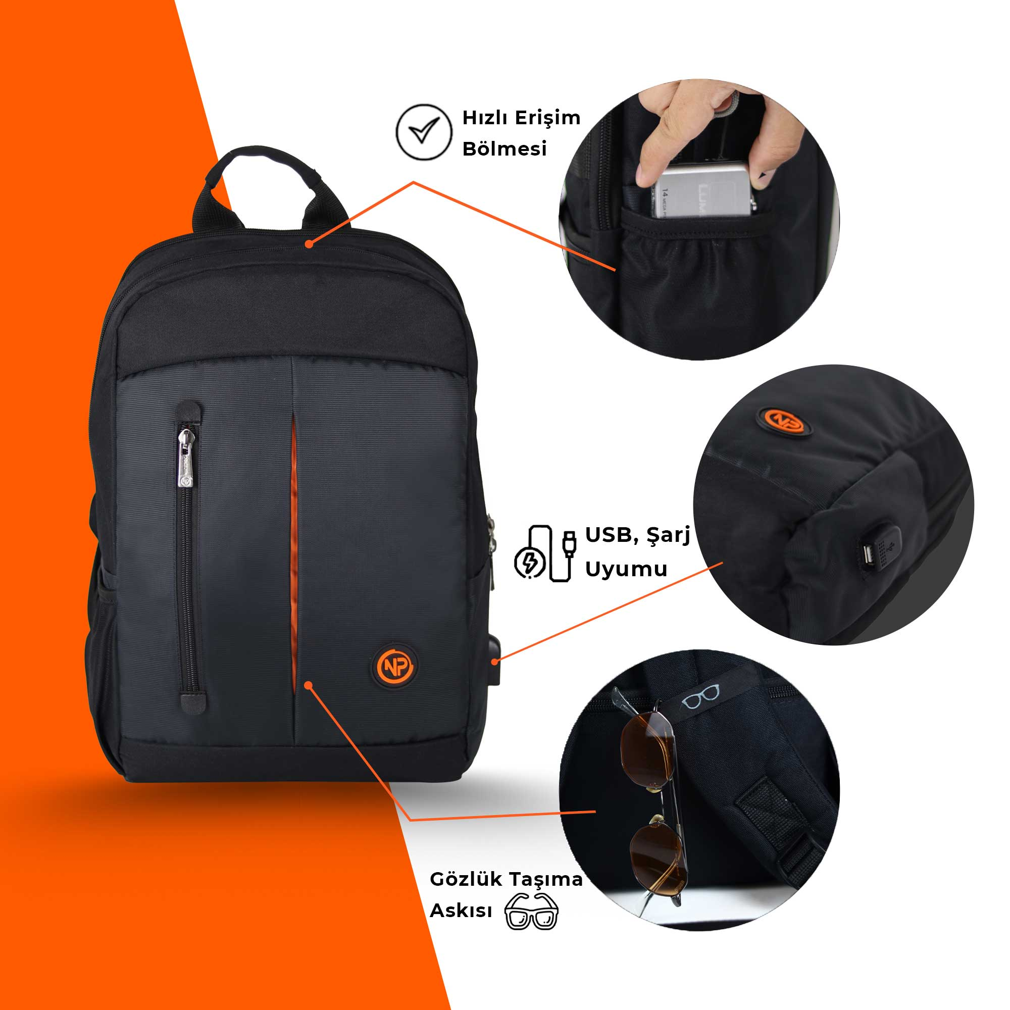 Turuncu detaylı siyah sırt çantası, USB portu, gözlük tutucu ve hızlı erişim cebi gibi özelliklere sahip.