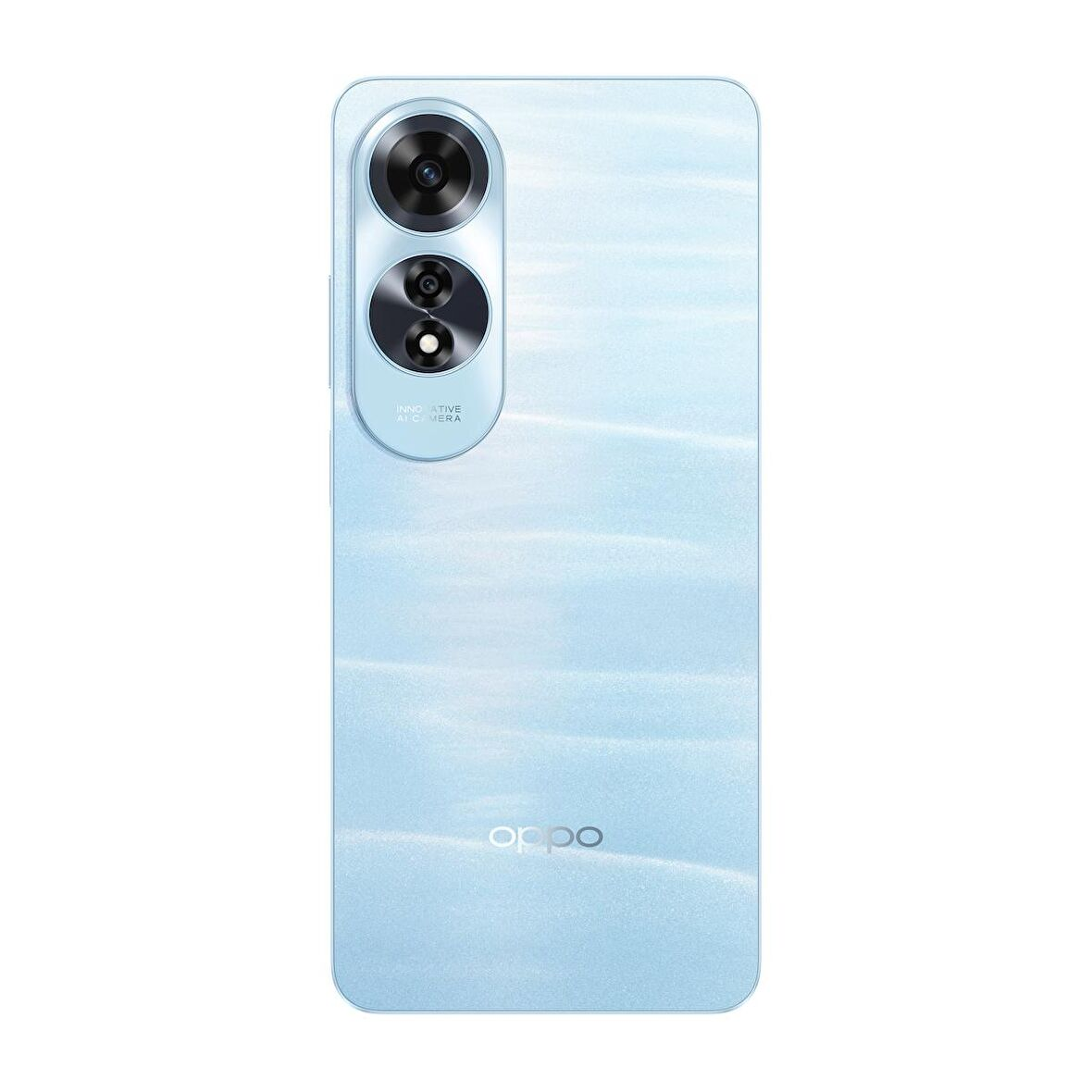 Açık mavi bir Oppo akıllı telefon. Sol üstte iki kamerası var. Oppo logosu altta. Telefonun bulutlu bir dokusu var.