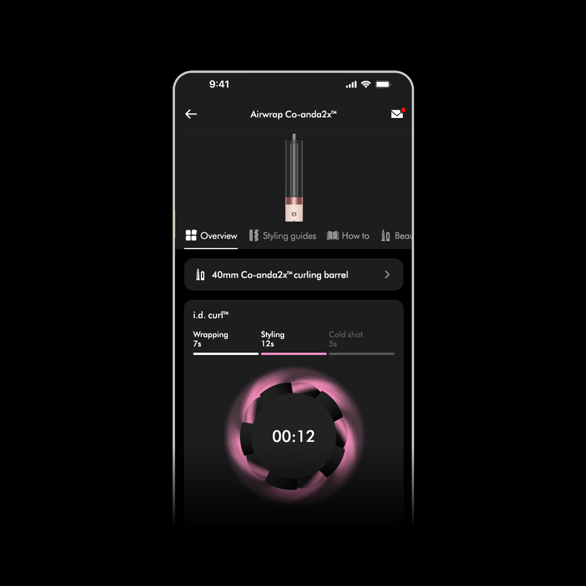 Ein Telefonbildschirm zeigt eine App für ein Haarstyling-Tool. Es zeigt einen Timer mit 00:12 und eine Lockenwickler-Option.