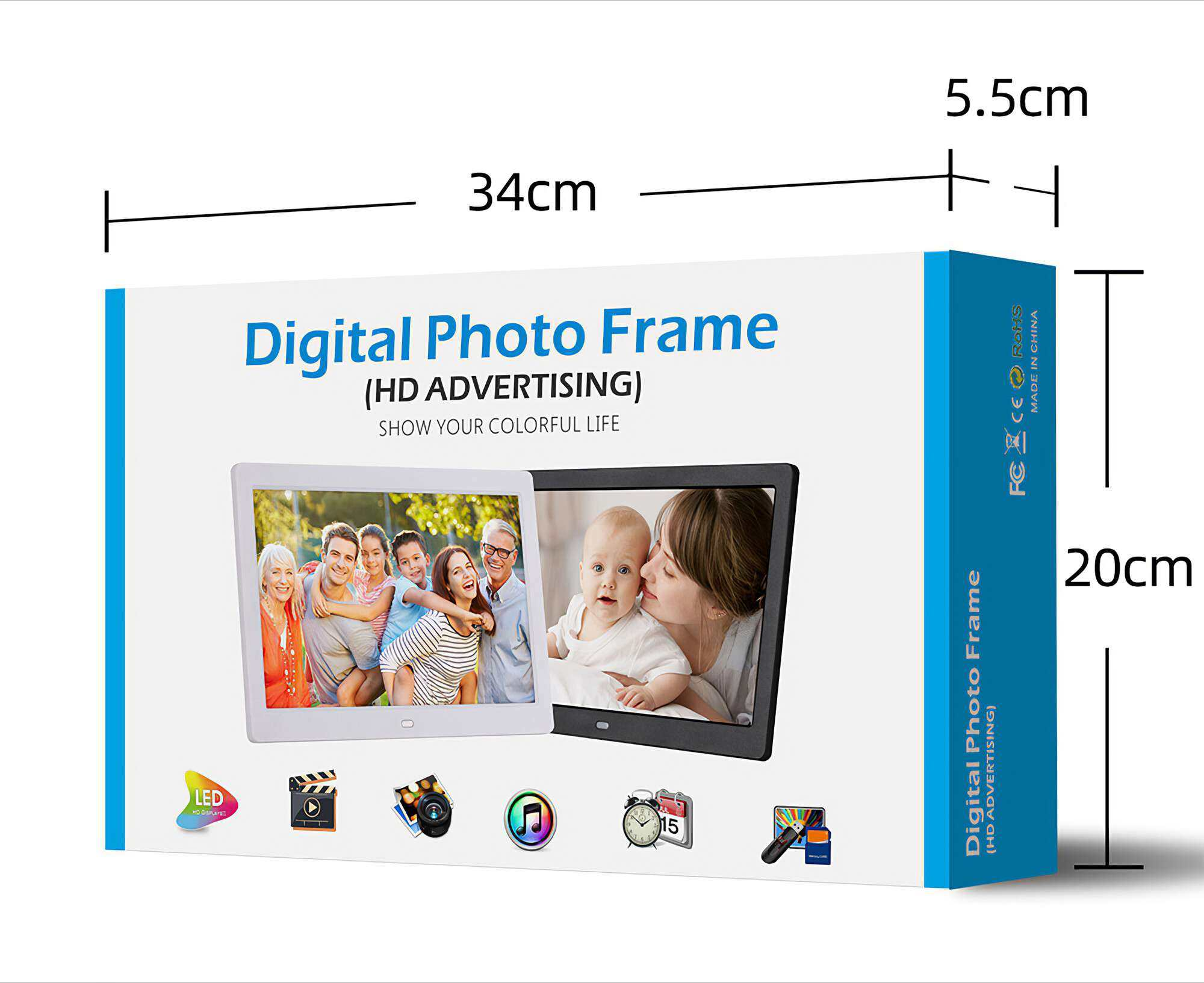Schachtel mit digitalem Fotorahmen. Sie zeigt Produktnamen, Eigenschaften und Bilder von Familien und Babys. Maße sind angegeben.