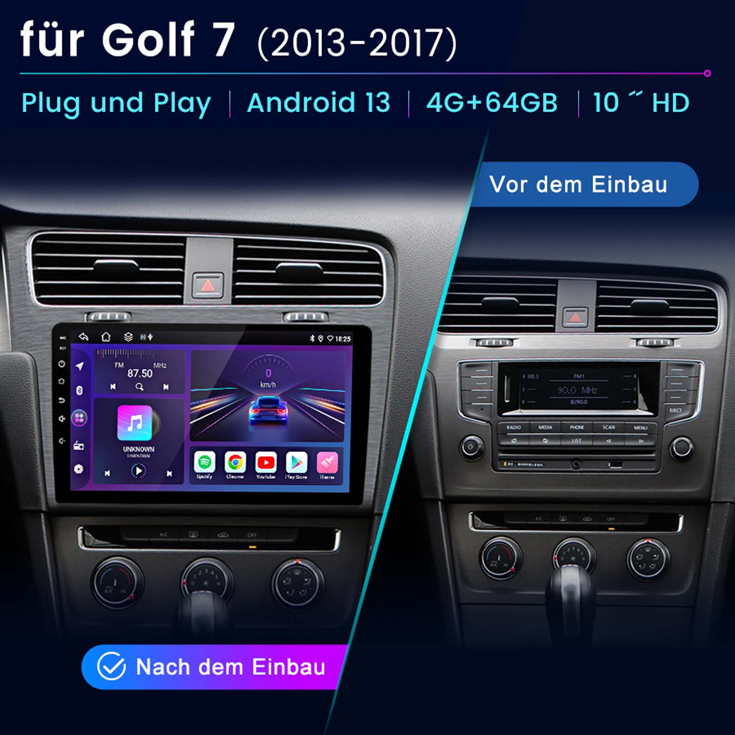 Vergleich des Armaturenbretts: Vor und nach der Installation eines neuen Android 13 Systems. Zeigt Radio- und Mediensteuerungen.