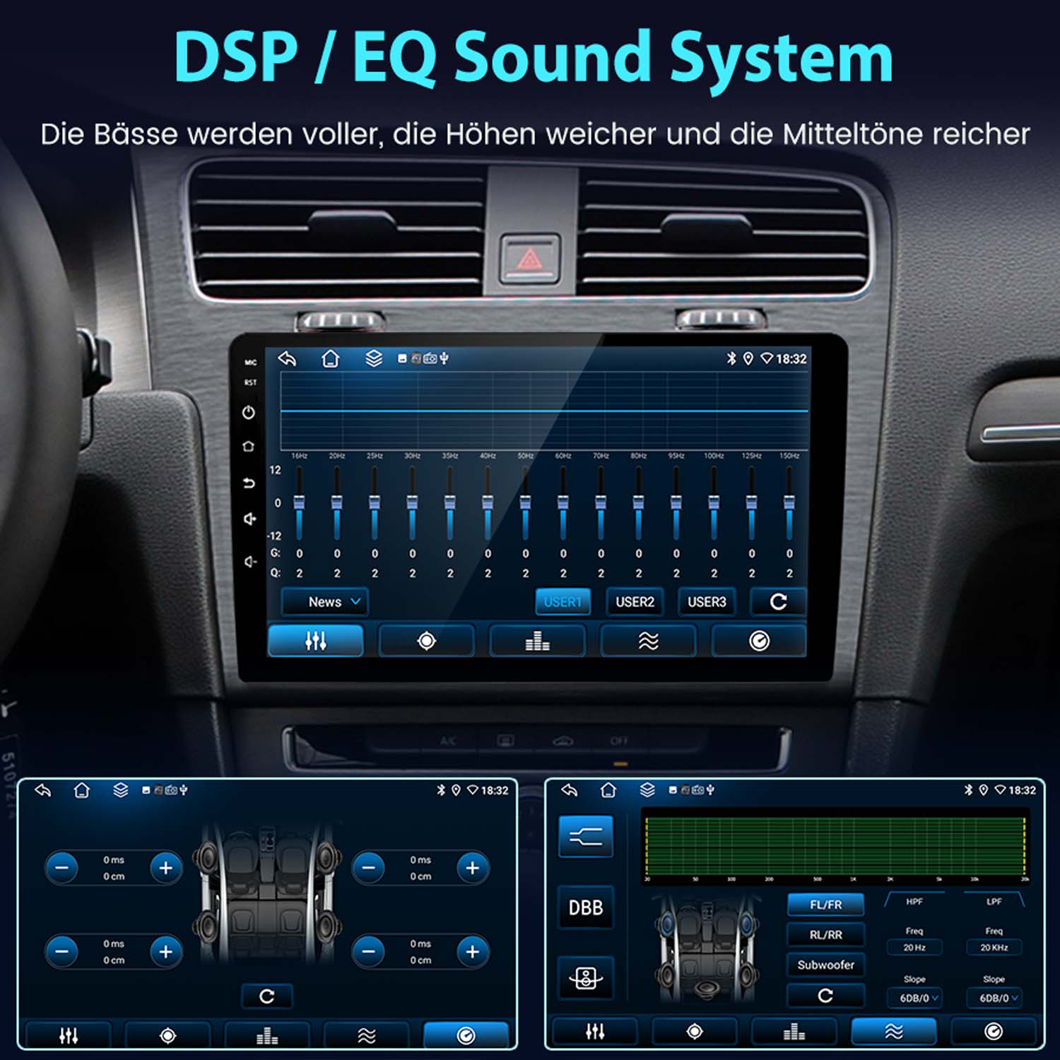 Autoradio-Bildschirm mit EQ-Einstellungen, mit Bass-, Höhen- und Mittenanpassungen. Andere Bildschirme zeigen Lautsprecher- und Toneinstellungen.