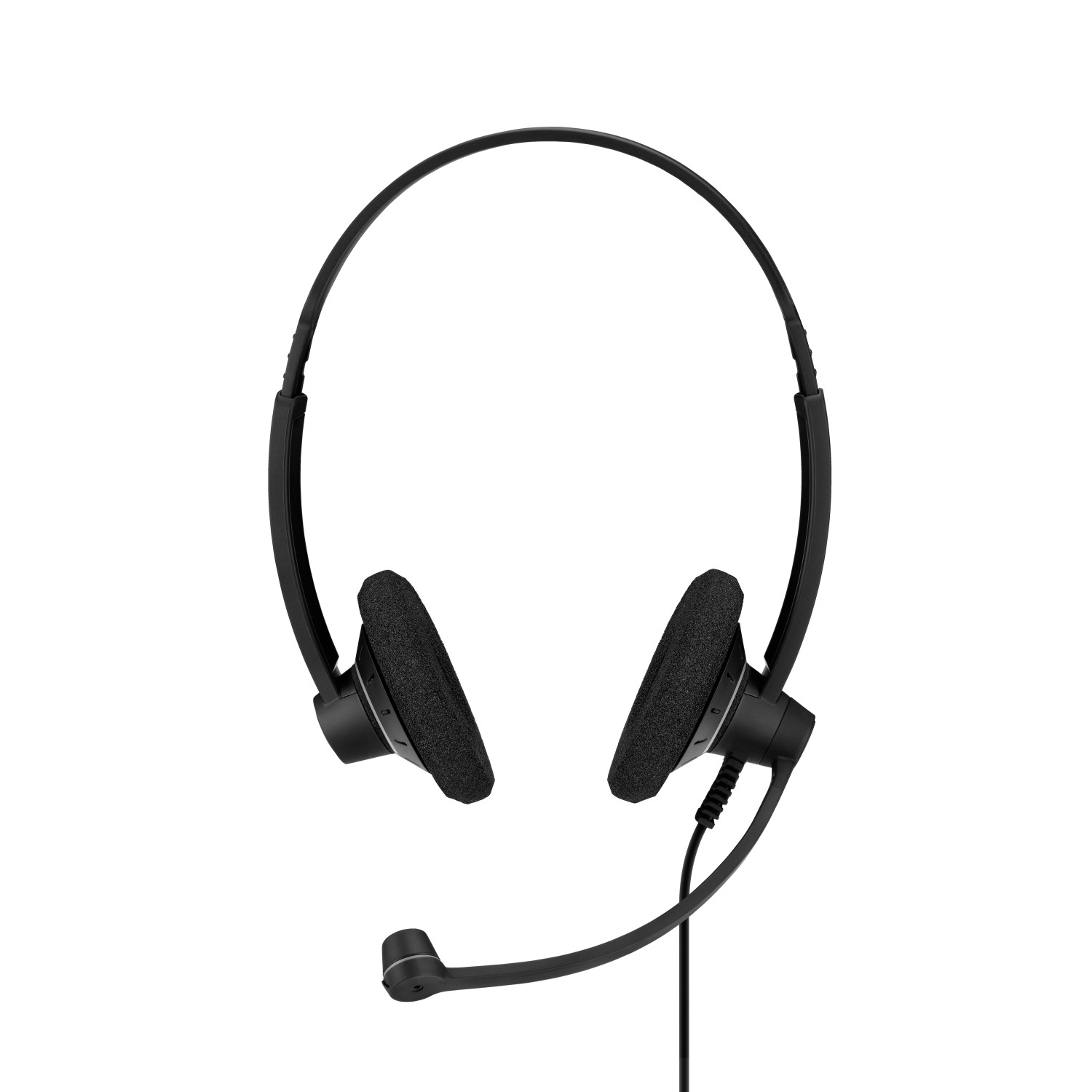 Schwarzes Headset mit Ohrpolstern und Mikrofon. Es hat ein Kopfband und einen Draht zum Mikrofon.