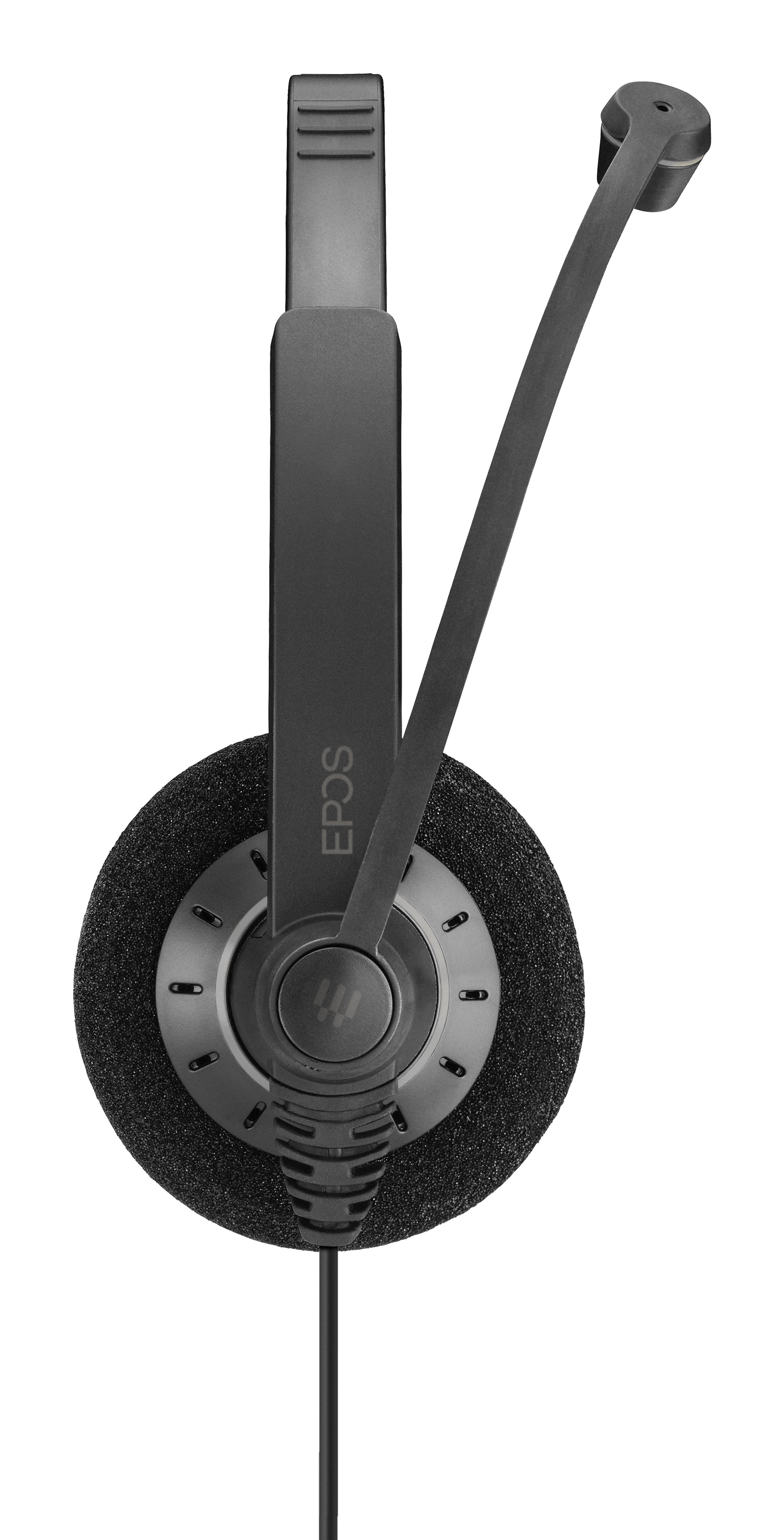 Schwarzes EPOS-Headset mit Ohrmuschel aus Schaumstoff und Mikrofon. Das Headset befindet sich auf weißem Hintergrund.