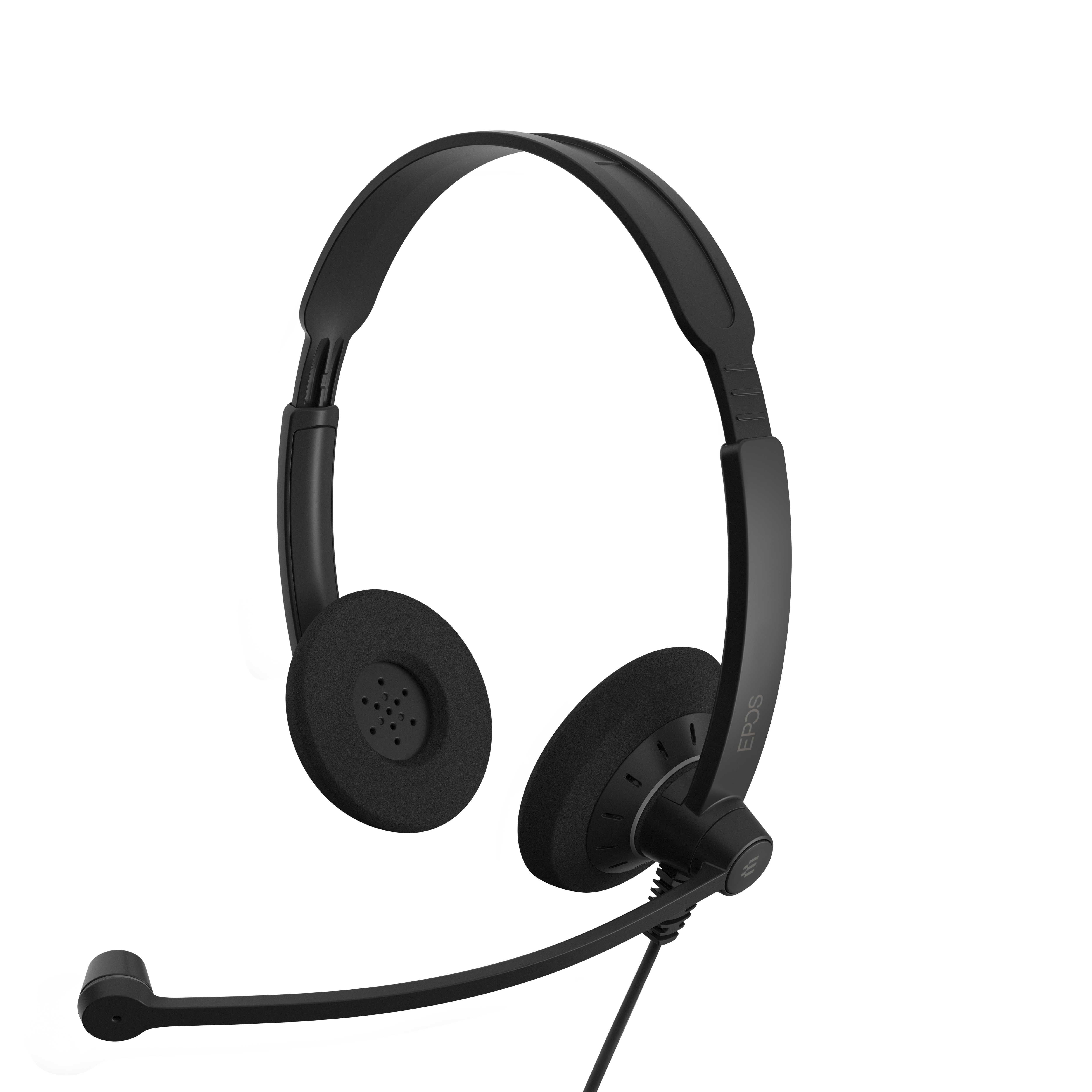 Ein schwarzes EPOS-Headset mit Ohrmuscheln und Mikrofon. Es ist vor weißem Hintergrund.