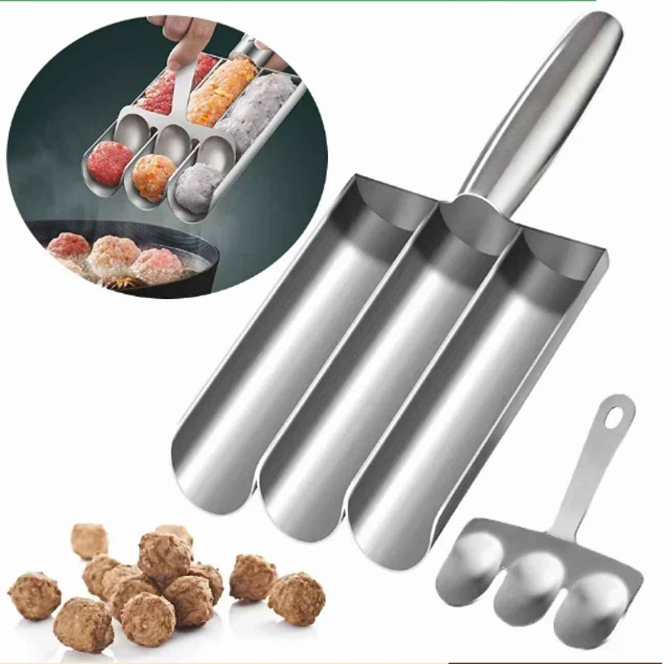Ein Fleischbällchenmacher aus Metall mit drei Kanälen. Eine kleinere Version ist rechts. Fleischbällchen und rohes Fleisch sind sichtbar.