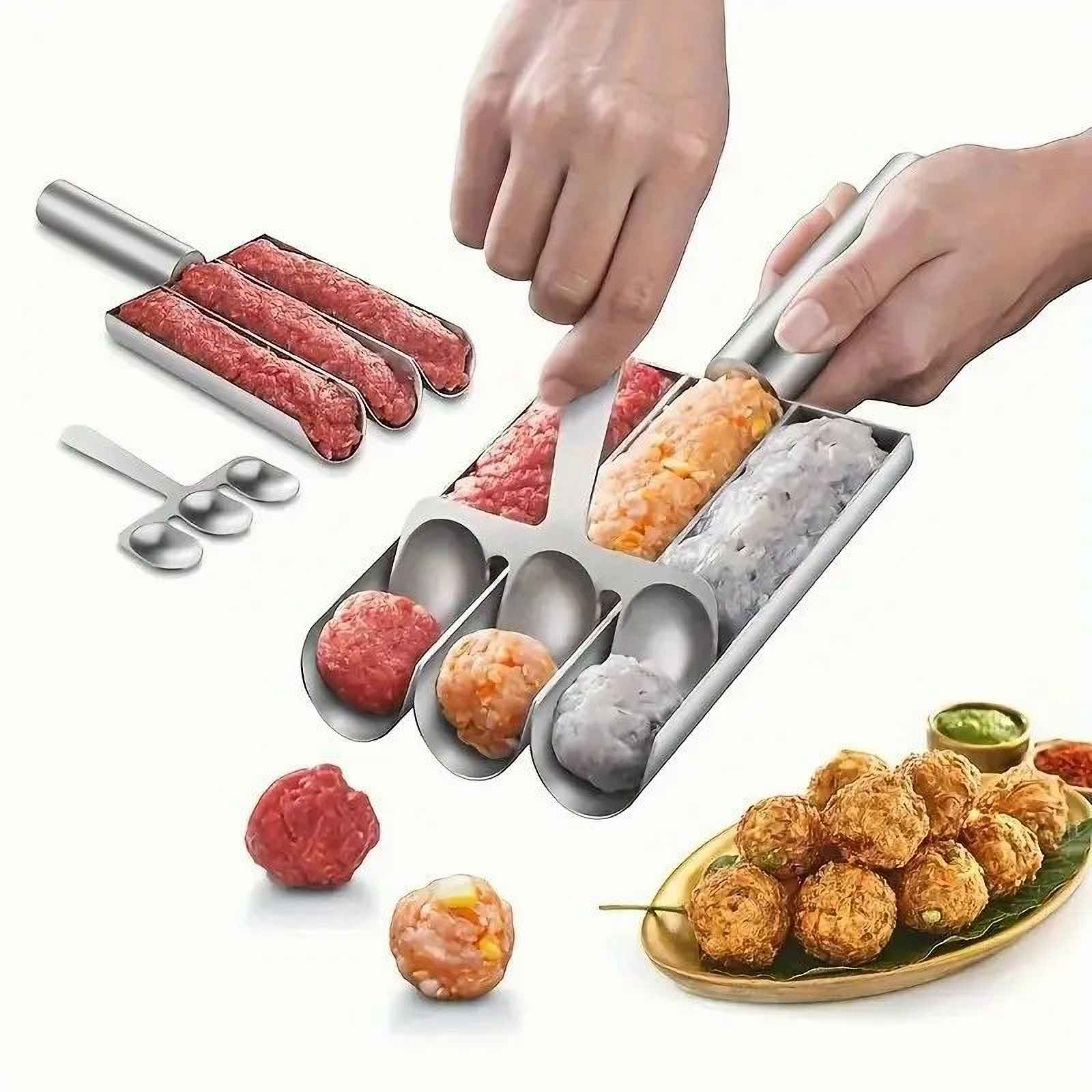 Eine Person verwendet einen Fleischbällchenmacher, um Hackfleisch zu formen. Werkzeuge und Fleischbällchen in verschiedenen Farben sind auf Weiß.