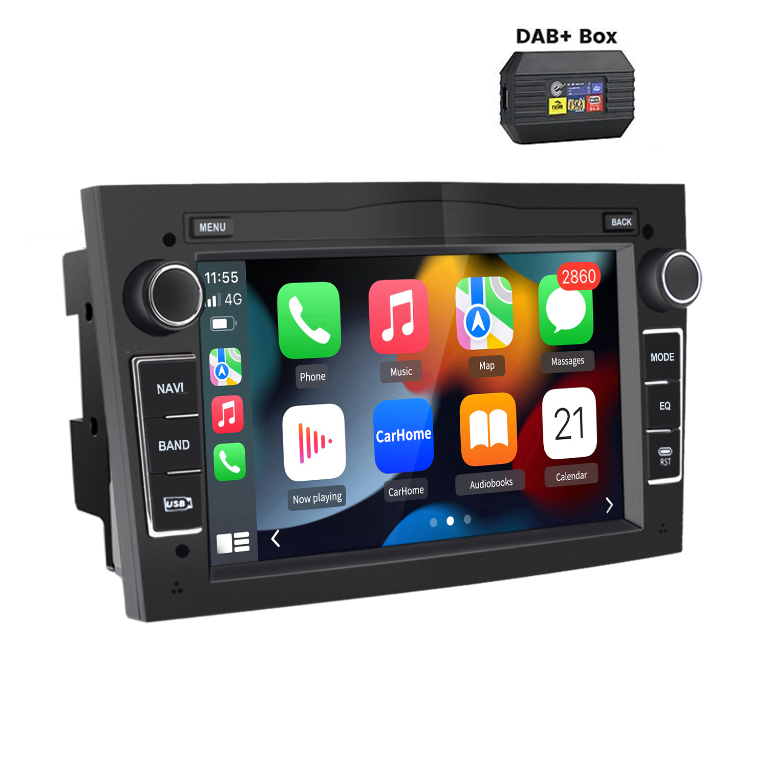 Samochodowy system multimedialny z ekranem wyświetlającym ikony aplikacji. Pudełko DAB+ znajduje się powyżej. Posiada przyciski menu i nawigacji.
