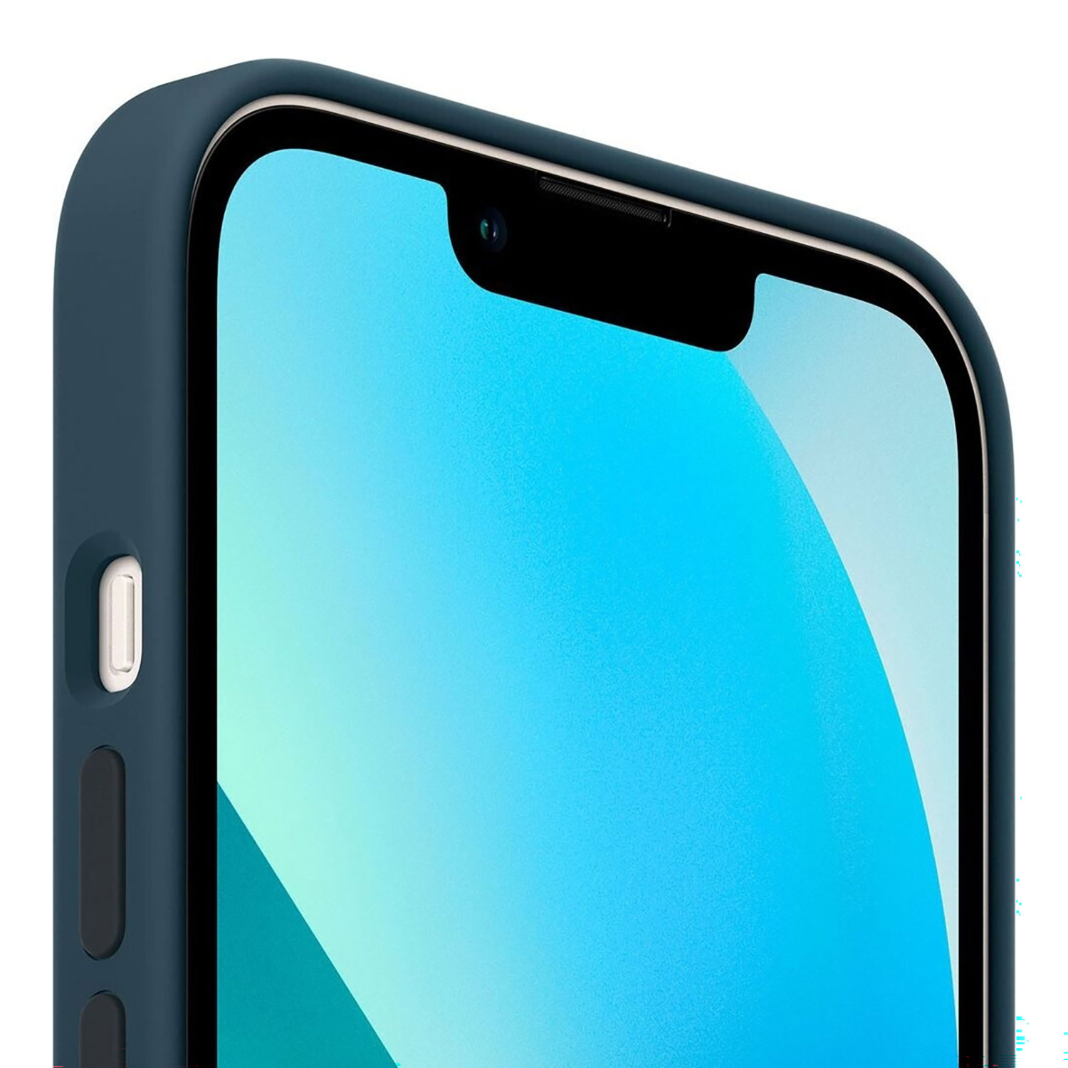 Gros plan d'un smartphone. L'écran affiche un dégradé bleu. Un étui bleu foncé entoure le téléphone, avec des boutons visibles.