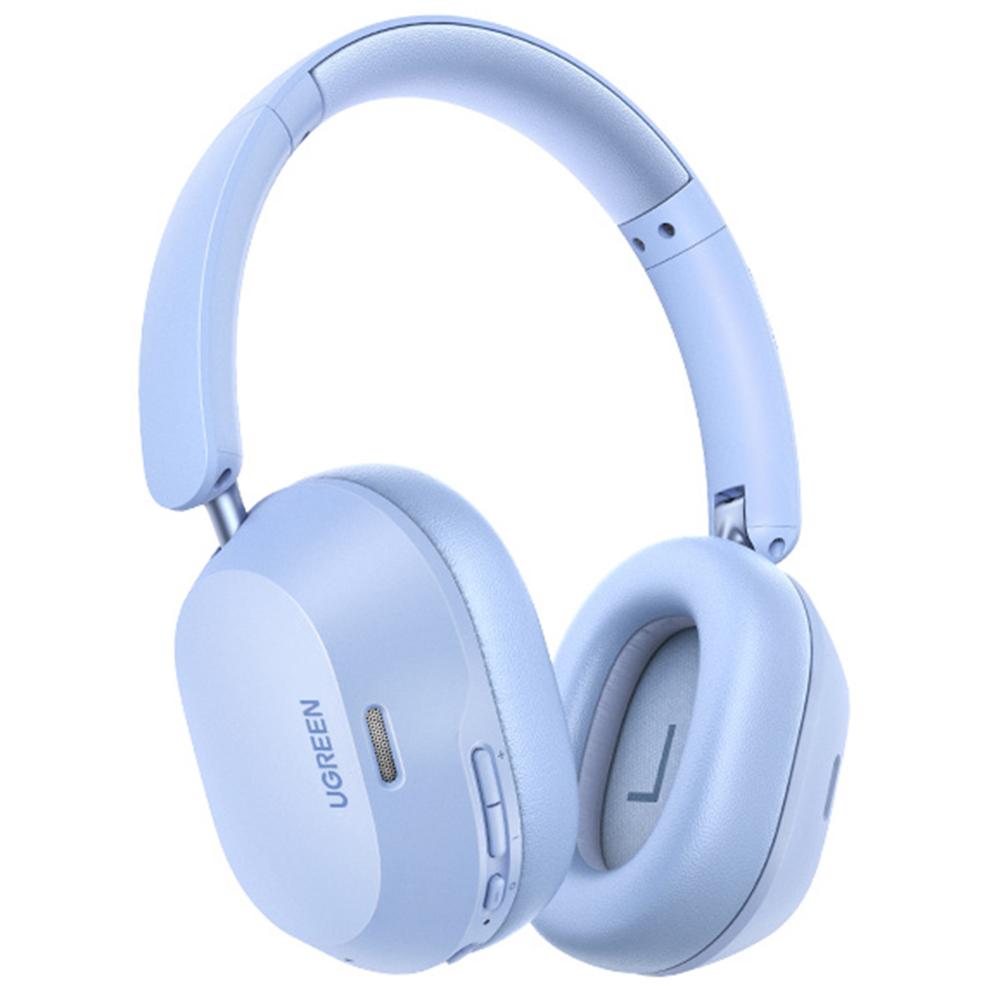 Jasnoniebieskie słuchawki nauszne UGREEN. Nauszniki i pałąk są wyściełane. Nazwa marki jest widoczna na jednym nauszniku.