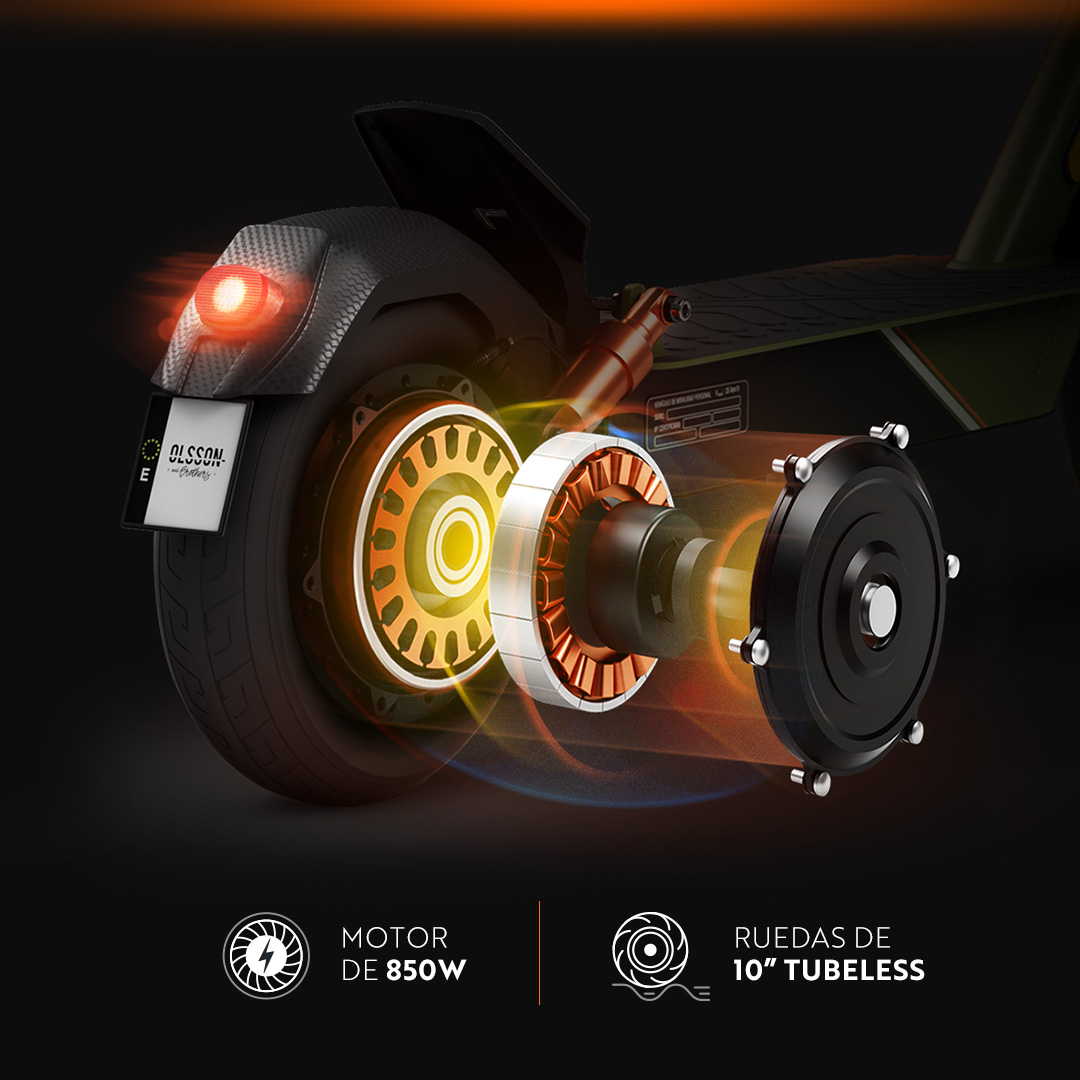 Detalle de scooter eléctrico muestra motor, rueda y luz. El texto indica motor de 850W y ruedas sin cámara de 10".
