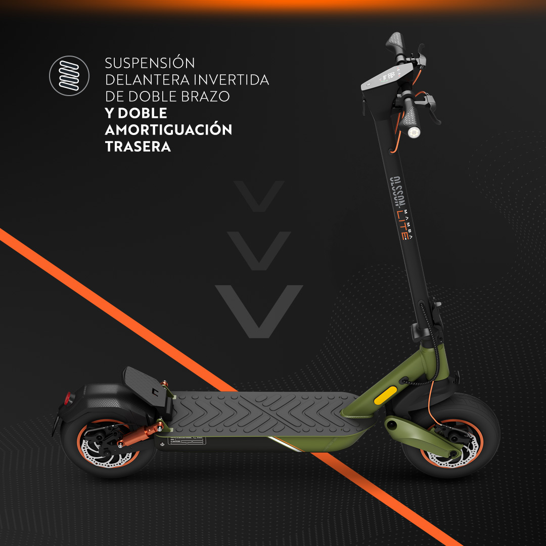 Un patinete eléctrico verde oliva y negro sobre fondo negro. Texto en español describe la suspensión y amortiguación.