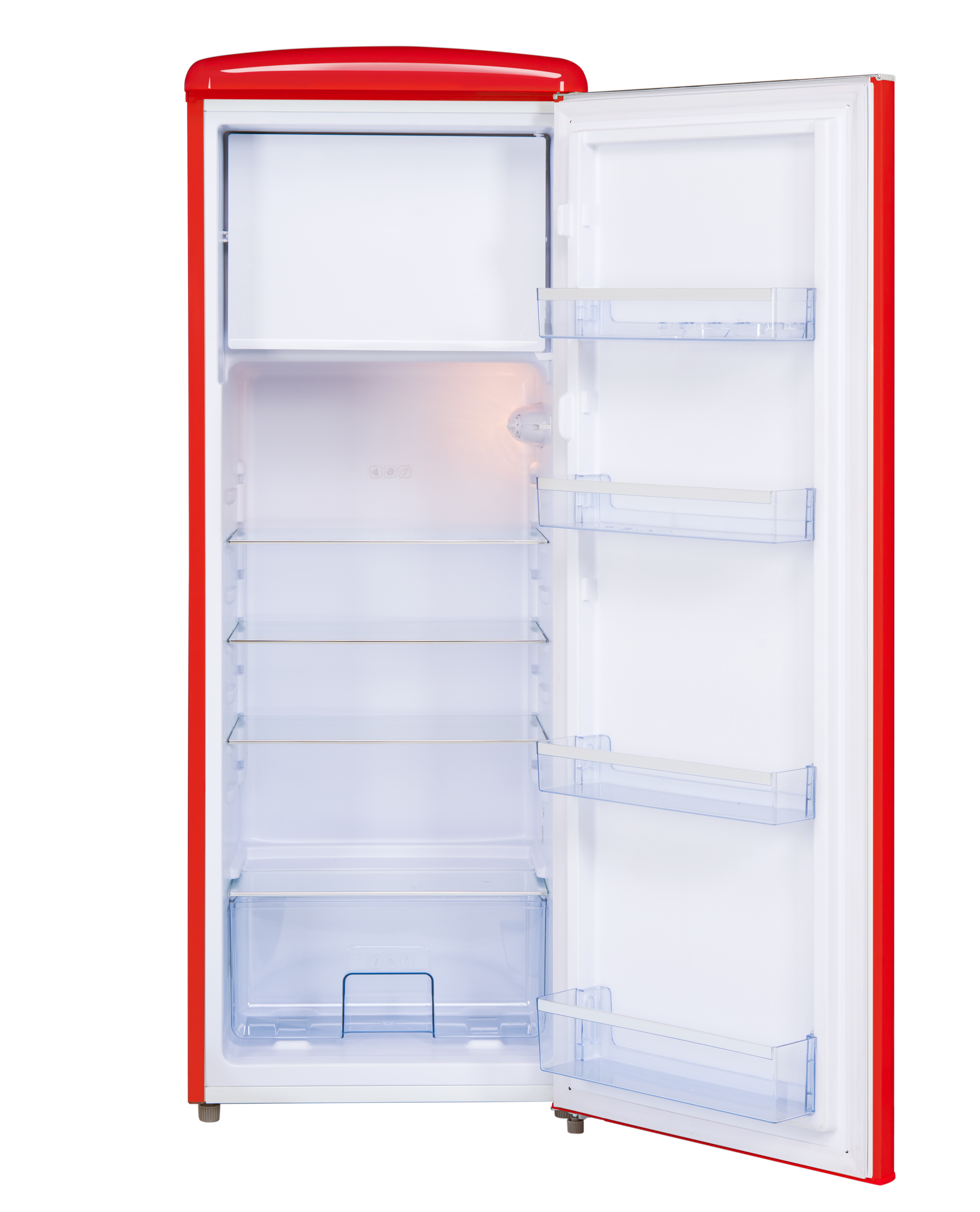 Roter Kühlschrank mit geöffneter Tür. Leerer Innenraum mit Regalen. Die Tür hat transparente Kunststoffregale.