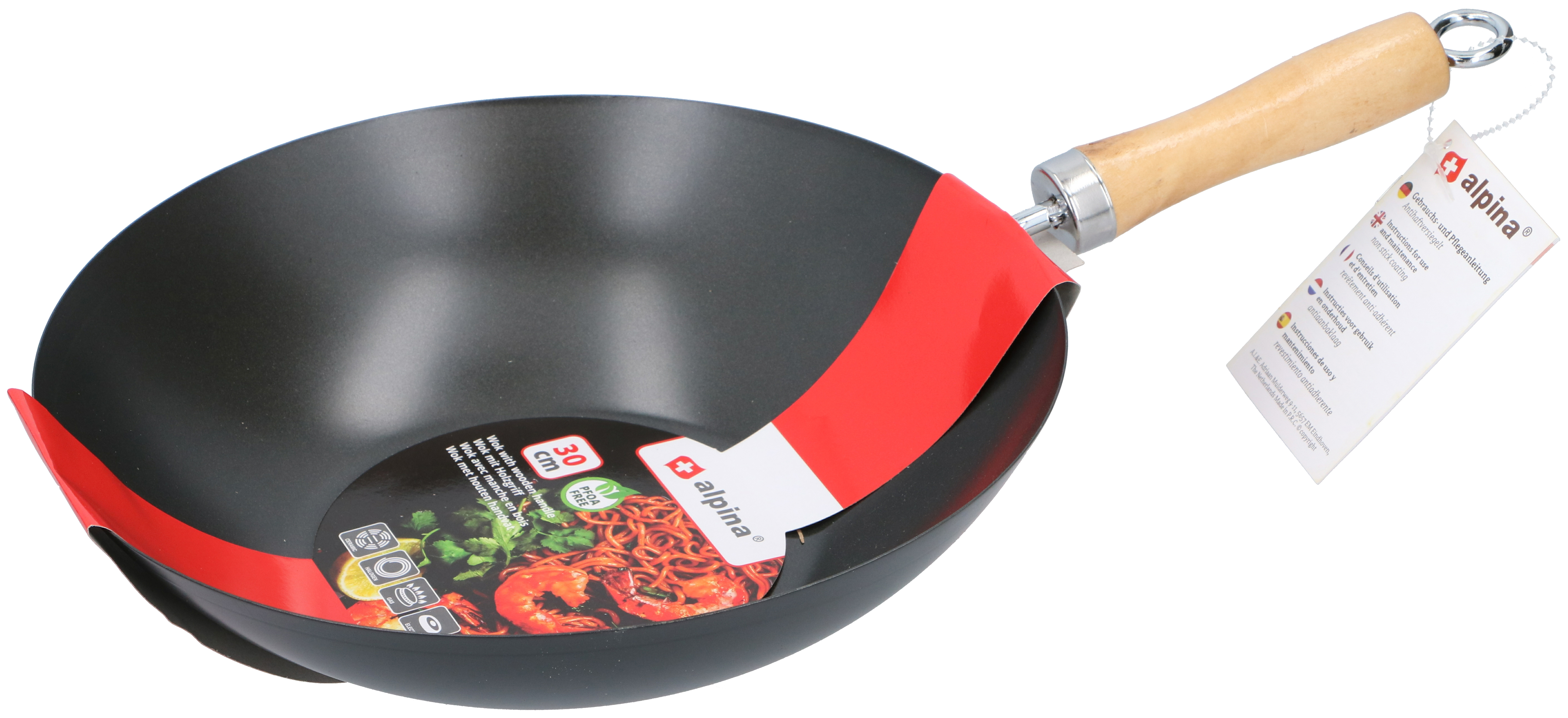 A black wok with a wooden handle, red accents and a tag. The wok is labeled alpina.