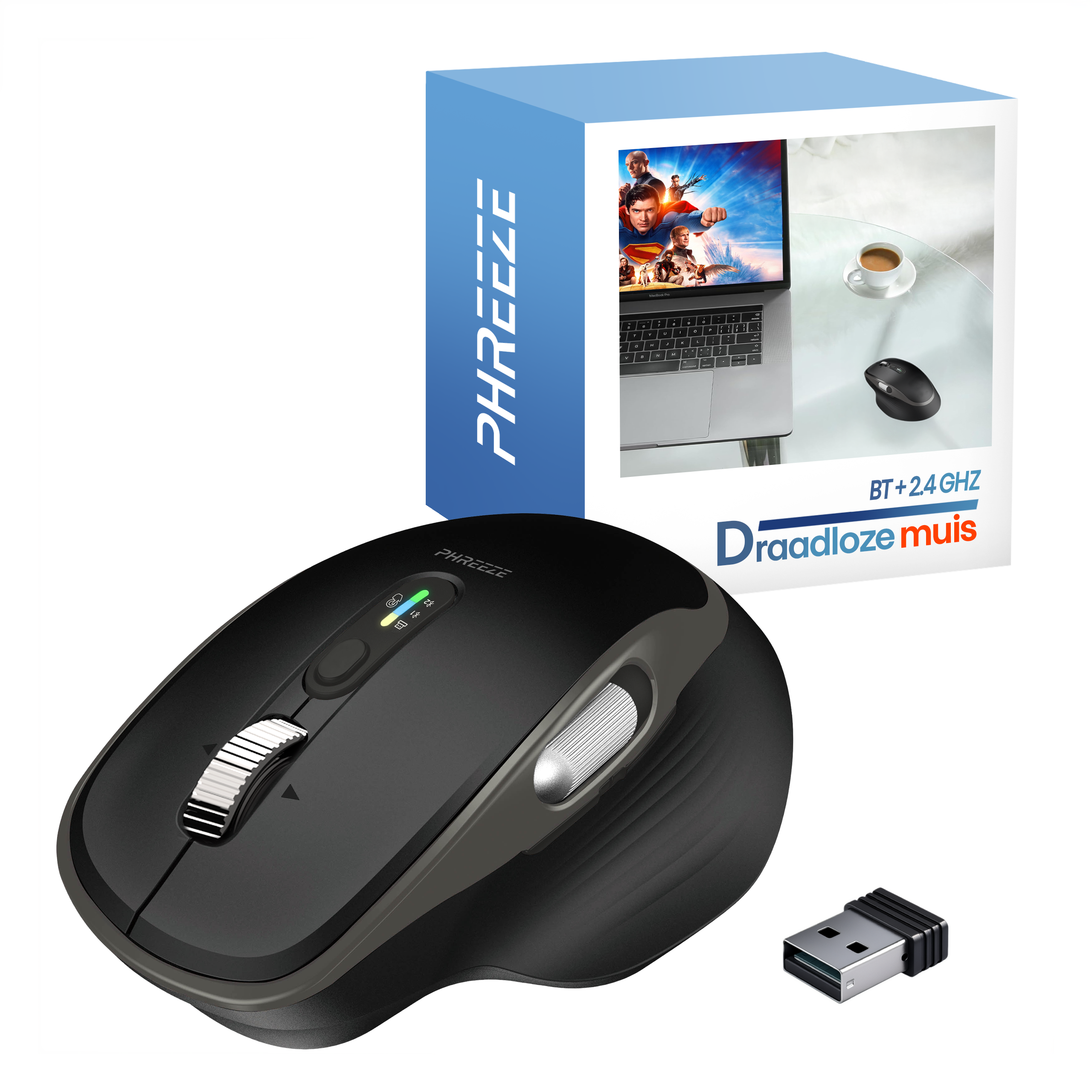 Black wireless mouse with USB receiver, and a box with a laptop and a coffee cup on it.