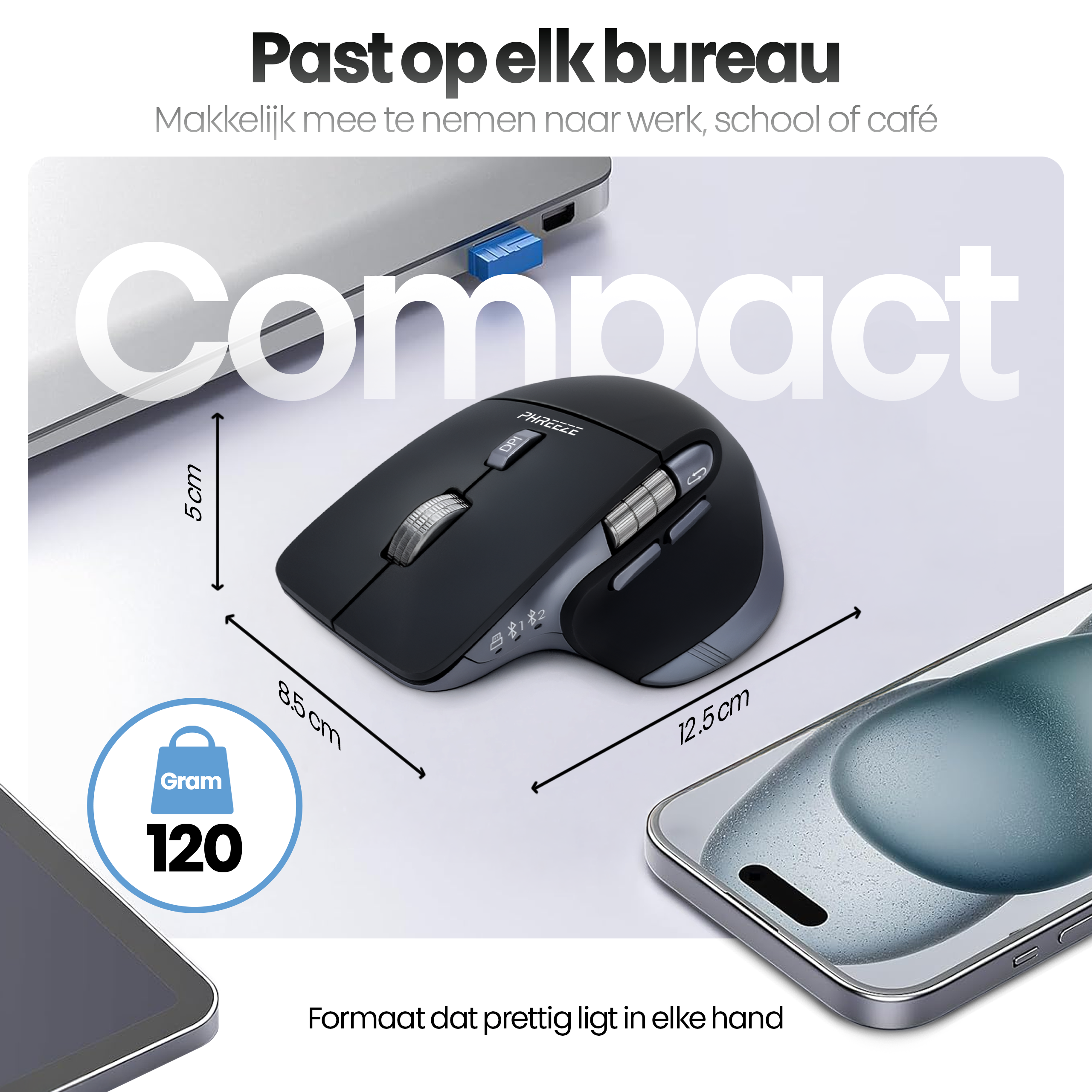 A black and grey mouse, a laptop, and a smartphone are on a white surface. Dimensions of the mouse are displayed.
