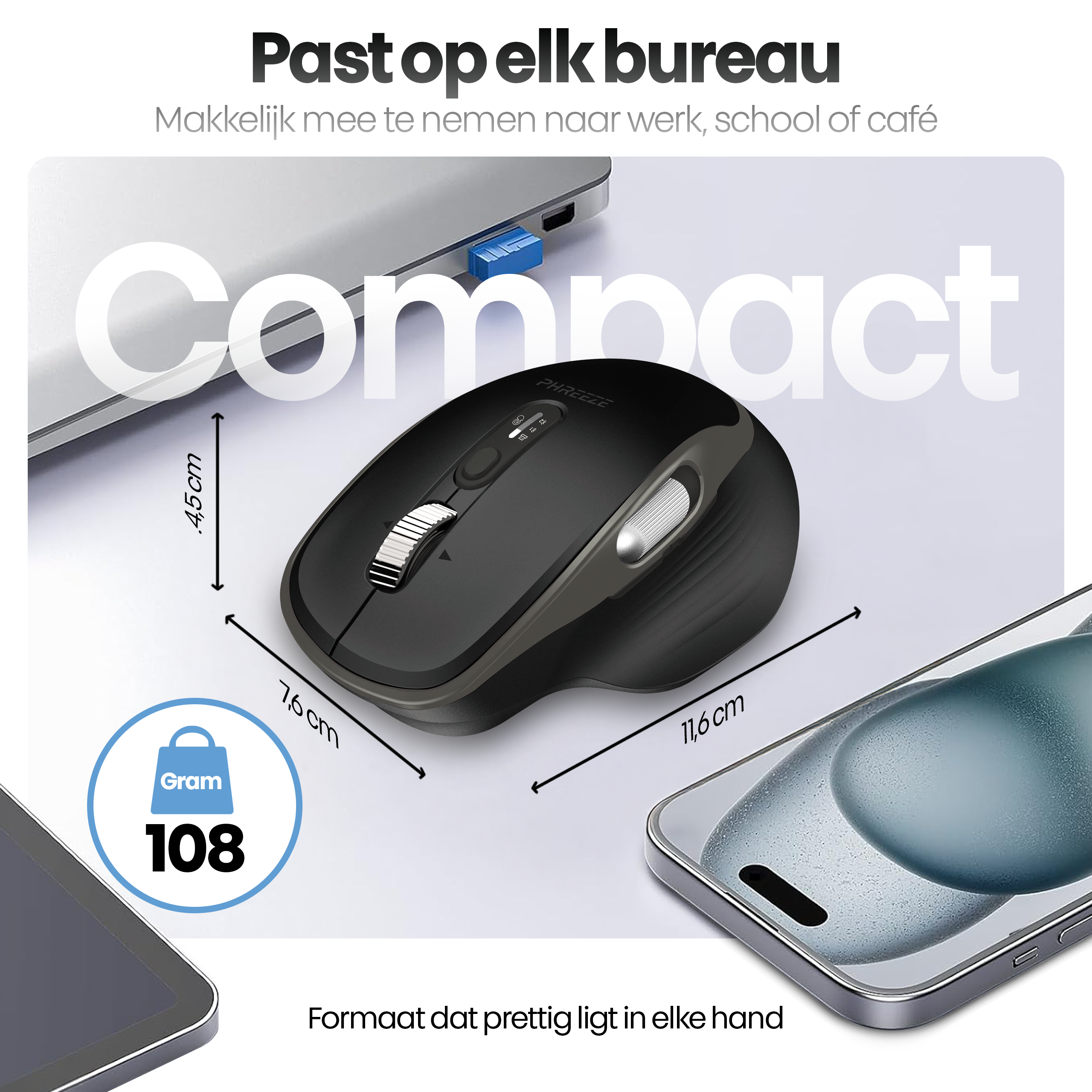 A black wireless mouse, a laptop, and a smartphone are on a white surface. Dimensions and weight are shown.