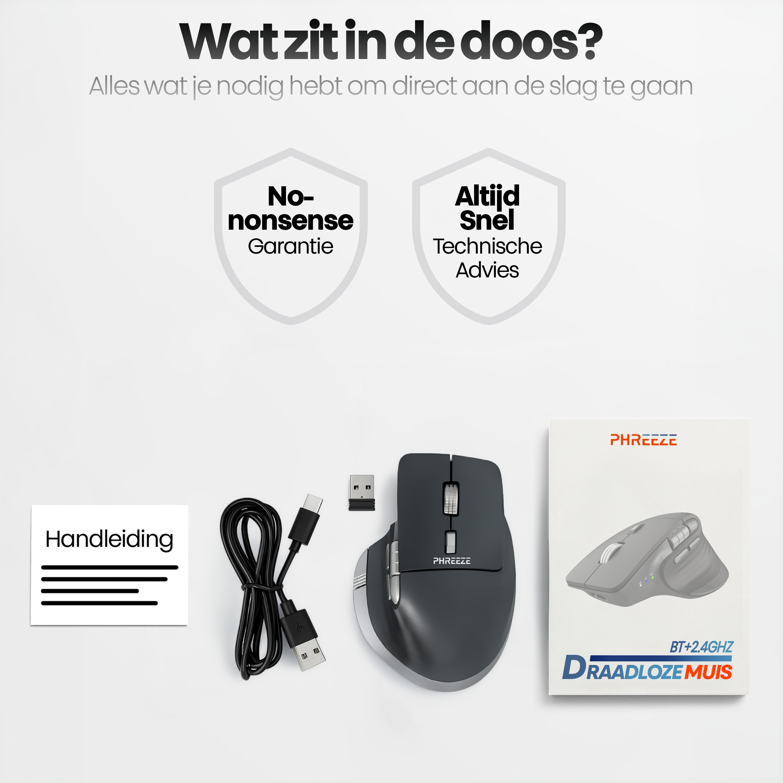 The image shows a mouse, cable, and a box. Text includes 'No-nonsense Garantie' and 'Altijd Snel Technische Advies'.