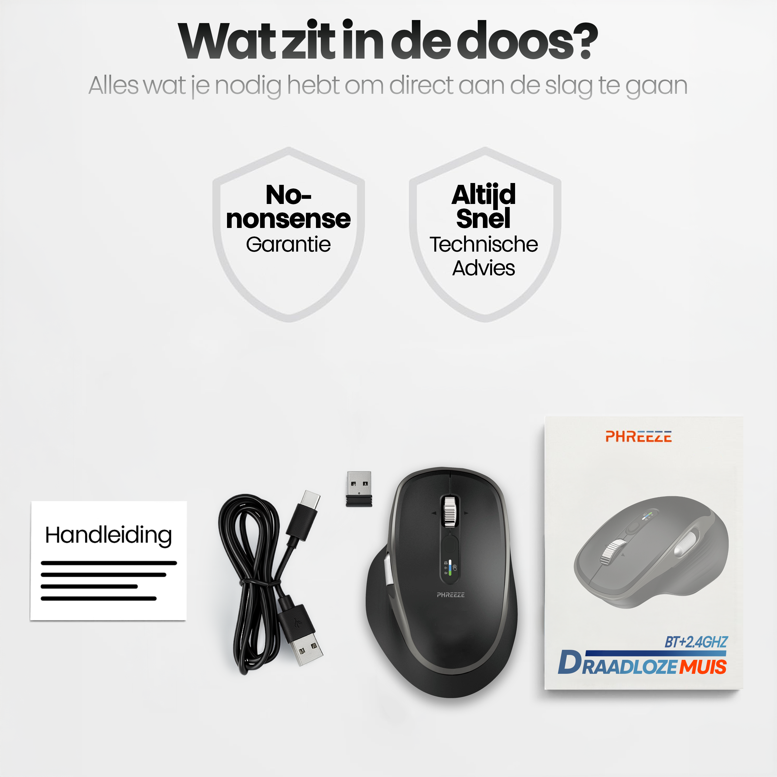 The image shows a mouse, cable, and manual. Text includes 'Wat zit in de doos?' and 'DRAADLOZE MUIS'.