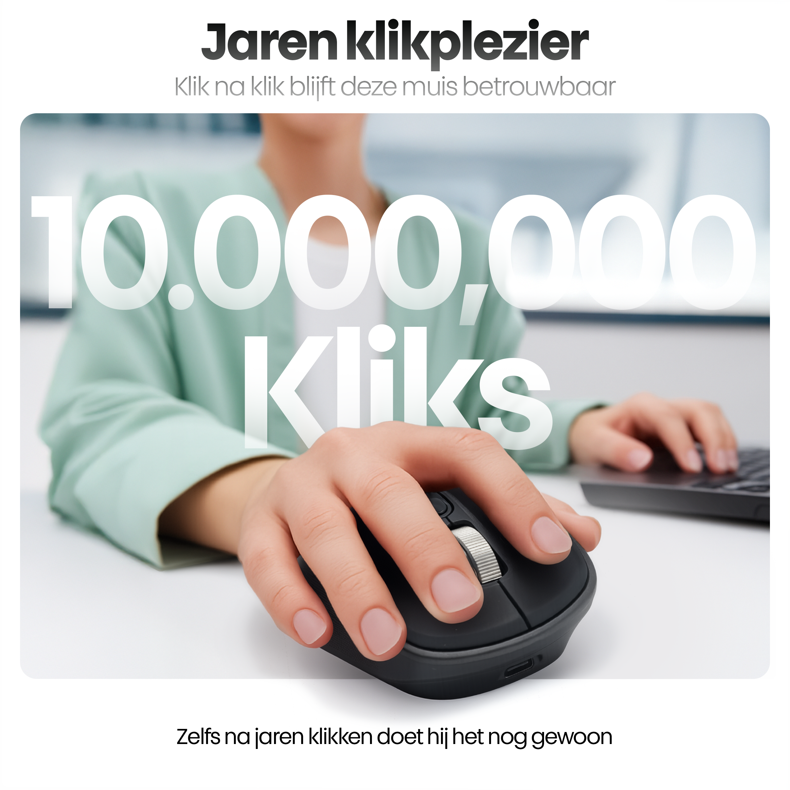 A hand using a black mouse. Large white text reads '10,000,000 Kliks'. The background is blurred.