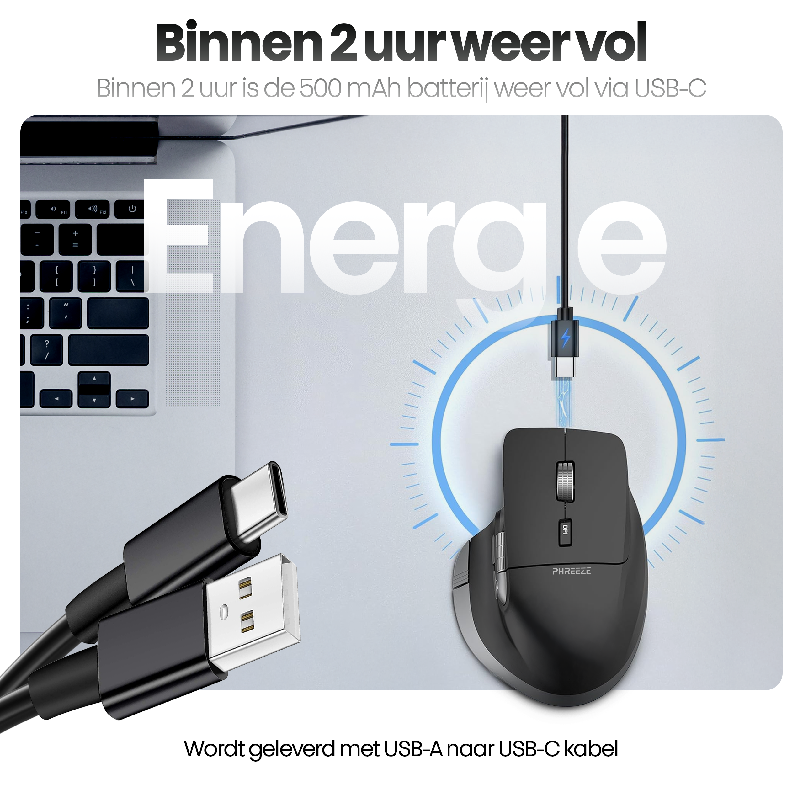 A computer mouse connected to a USB-C cable. Text reads 'Binnen 2 uur weer vol'.