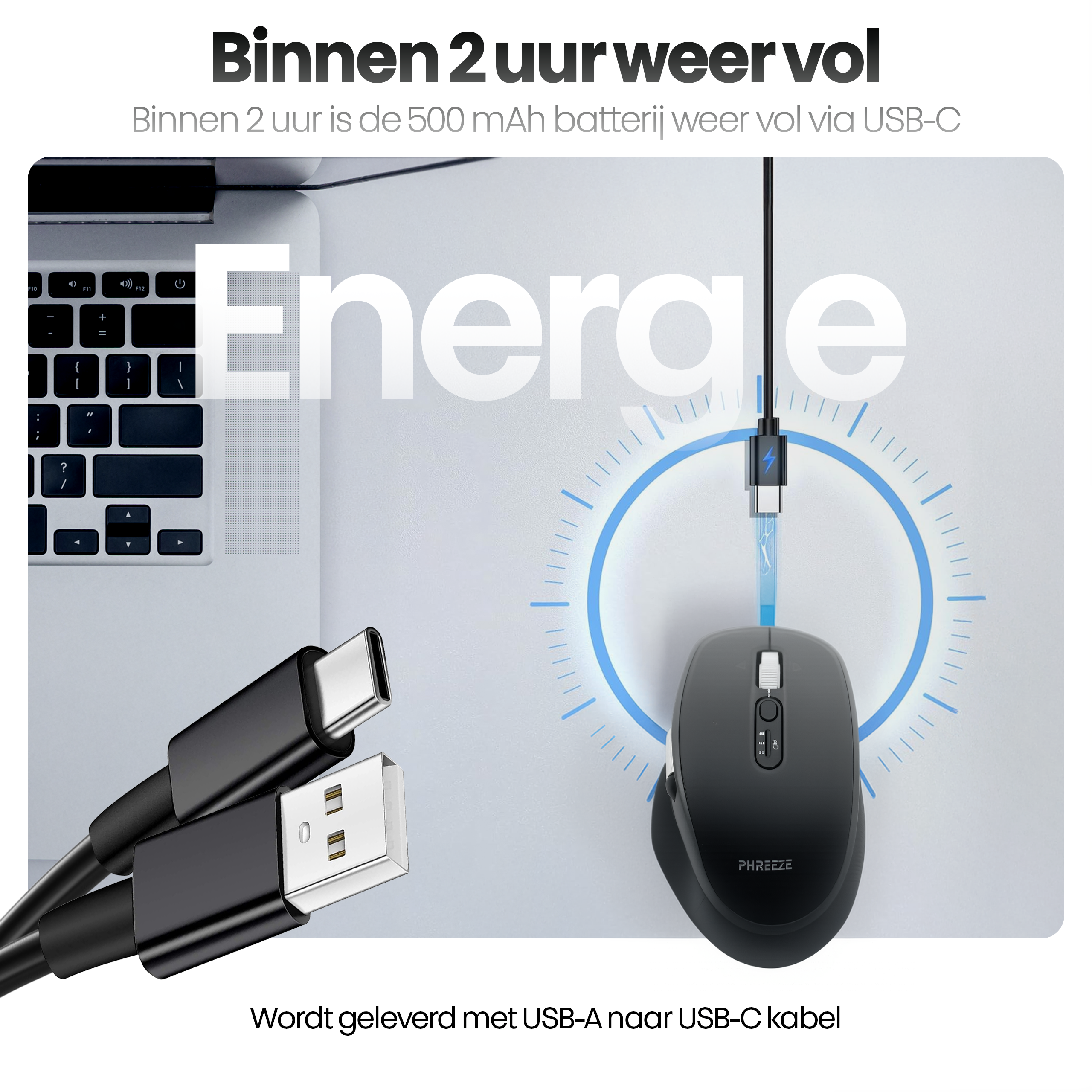 A computer mouse connected to a USB-C cable. A laptop keyboard is visible. Text says: 2 hours full charge.