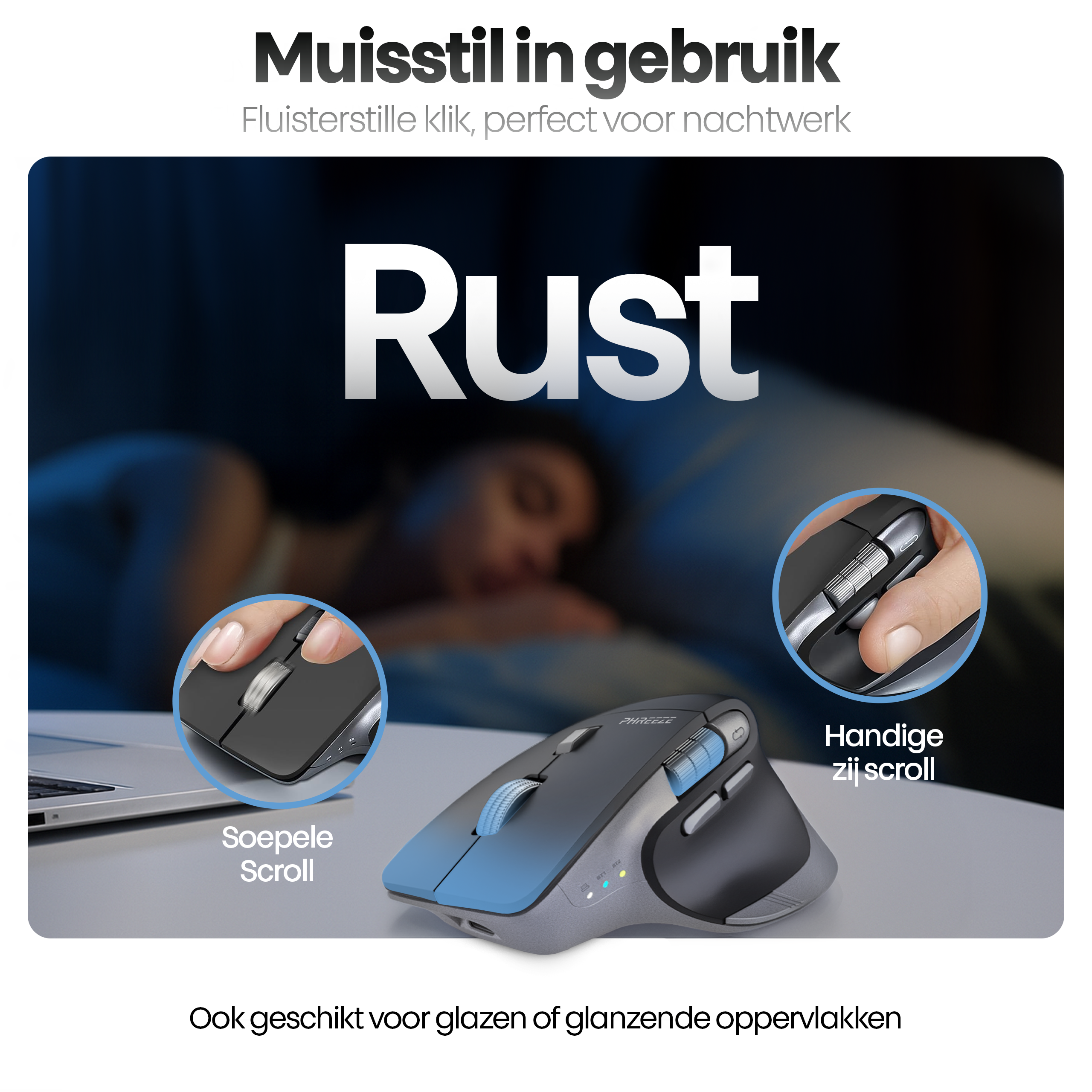 Image shows a mouse with smooth scroll, side scroll, designed for quiet use, also suitable for glass surfaces.
