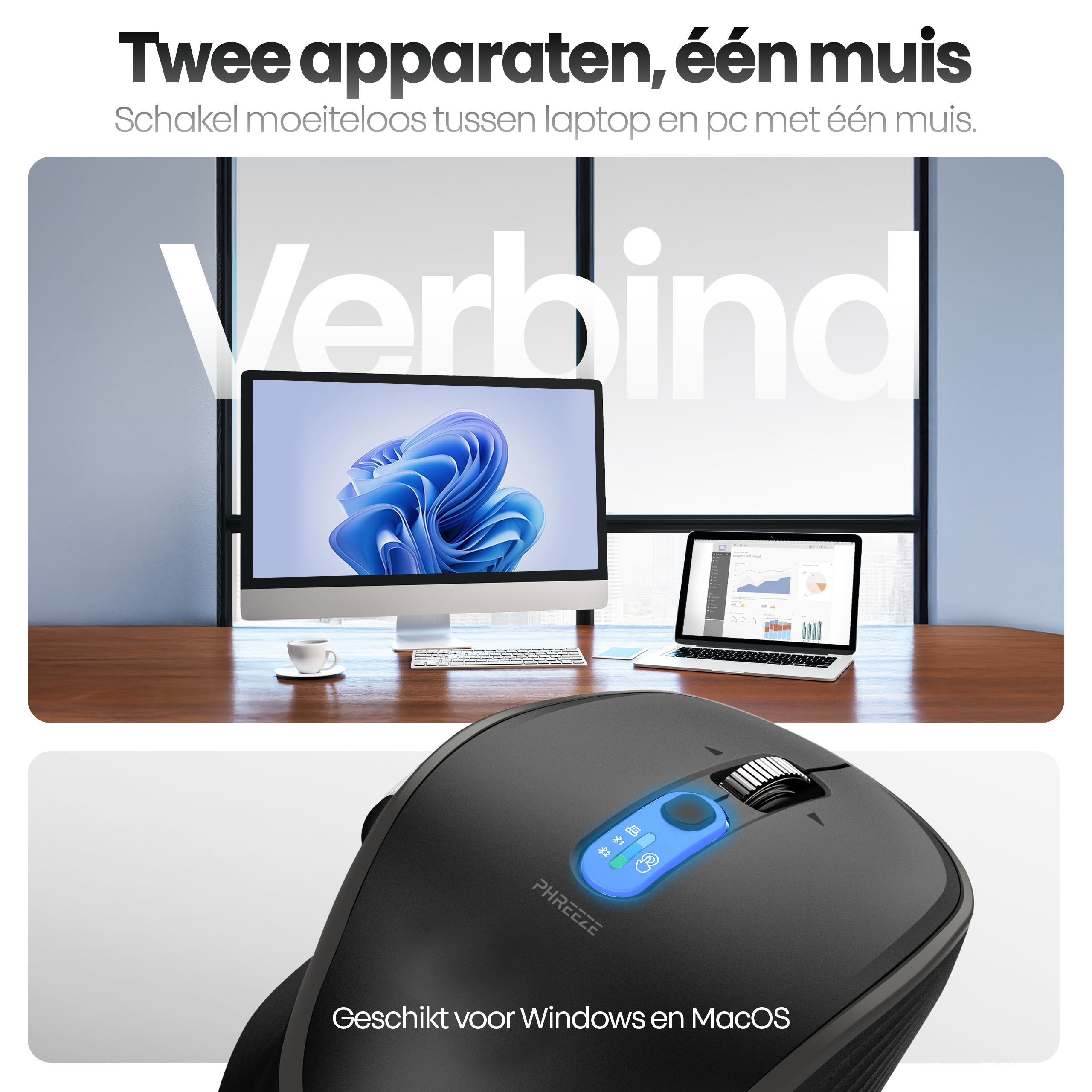 A computer mouse with a screen and laptop in the background. Text states: Suitable for Windows and macOS.