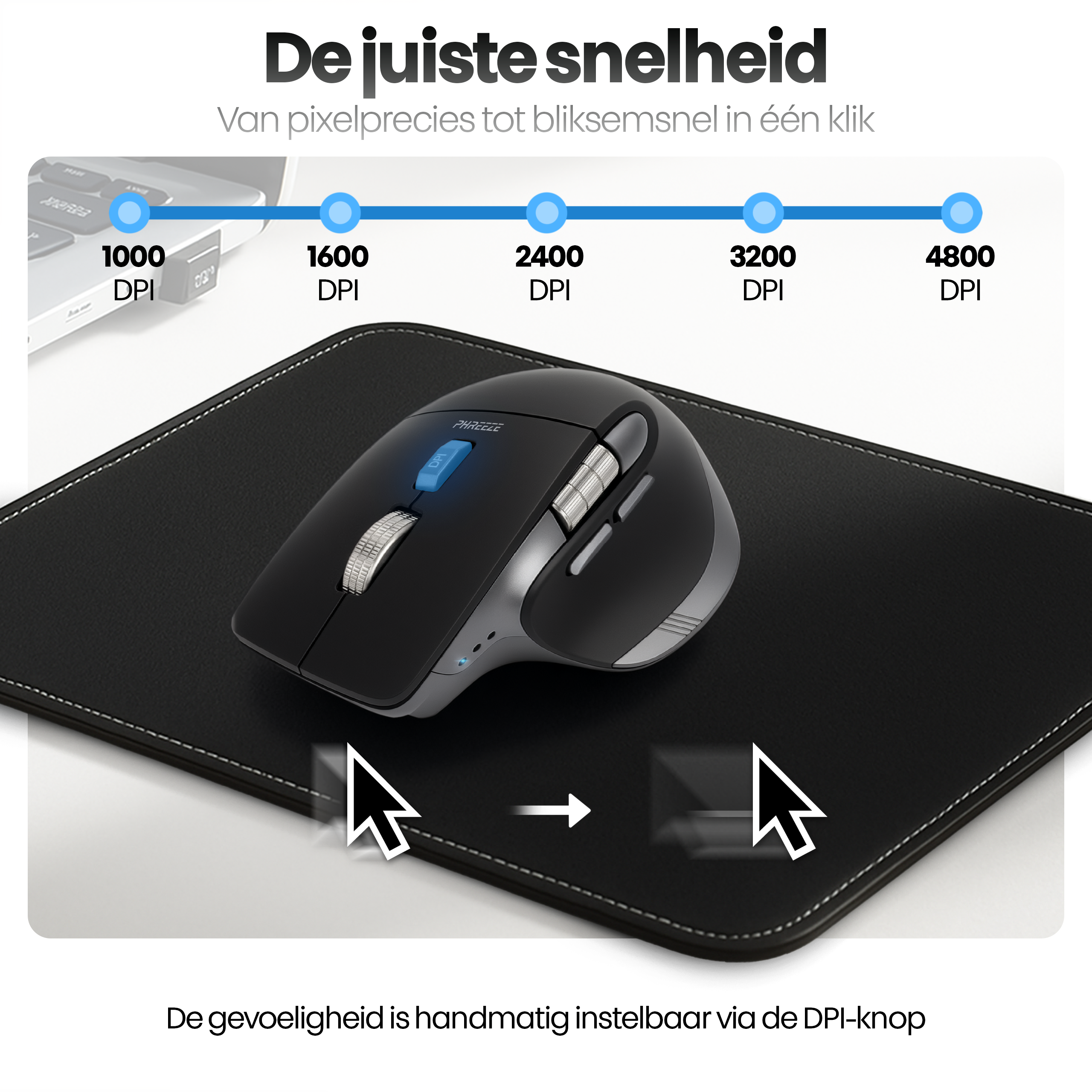Black mouse on a black mousepad. A DPI scale from 1000 to 4800 is displayed. The text reads: De juiste snelheid.