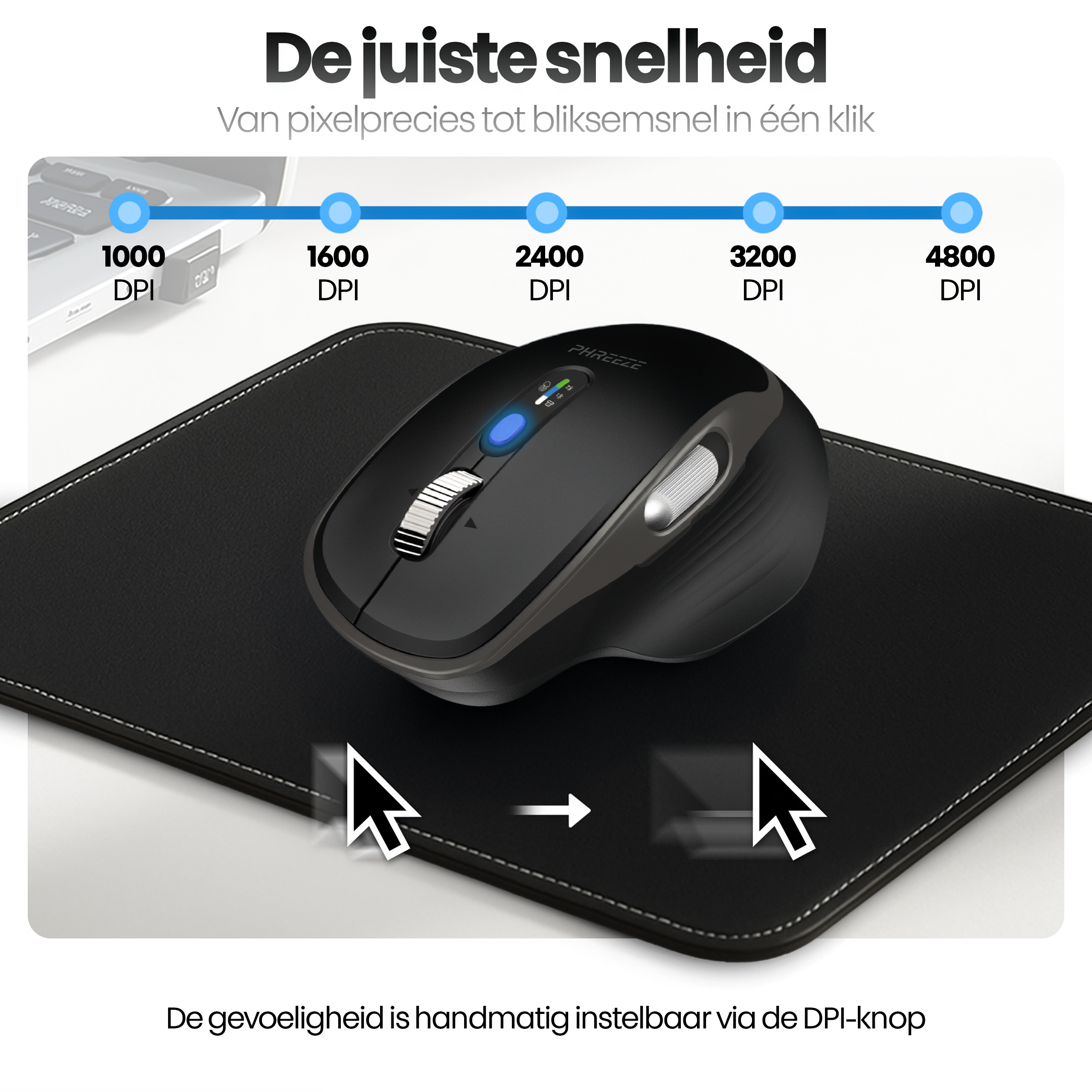 Black ergonomic mouse on a black mousepad. DPI settings from 1000 to 4800 are displayed. The text reads: the right speed.