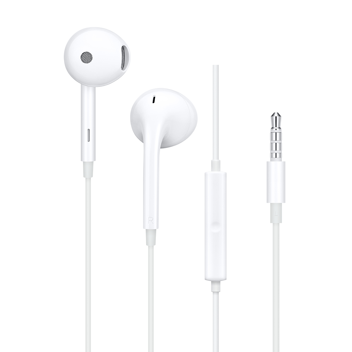 Auricolari bianchi con microfono e controllo su sfondo bianco. Anche il jack delle cuffie è bianco.