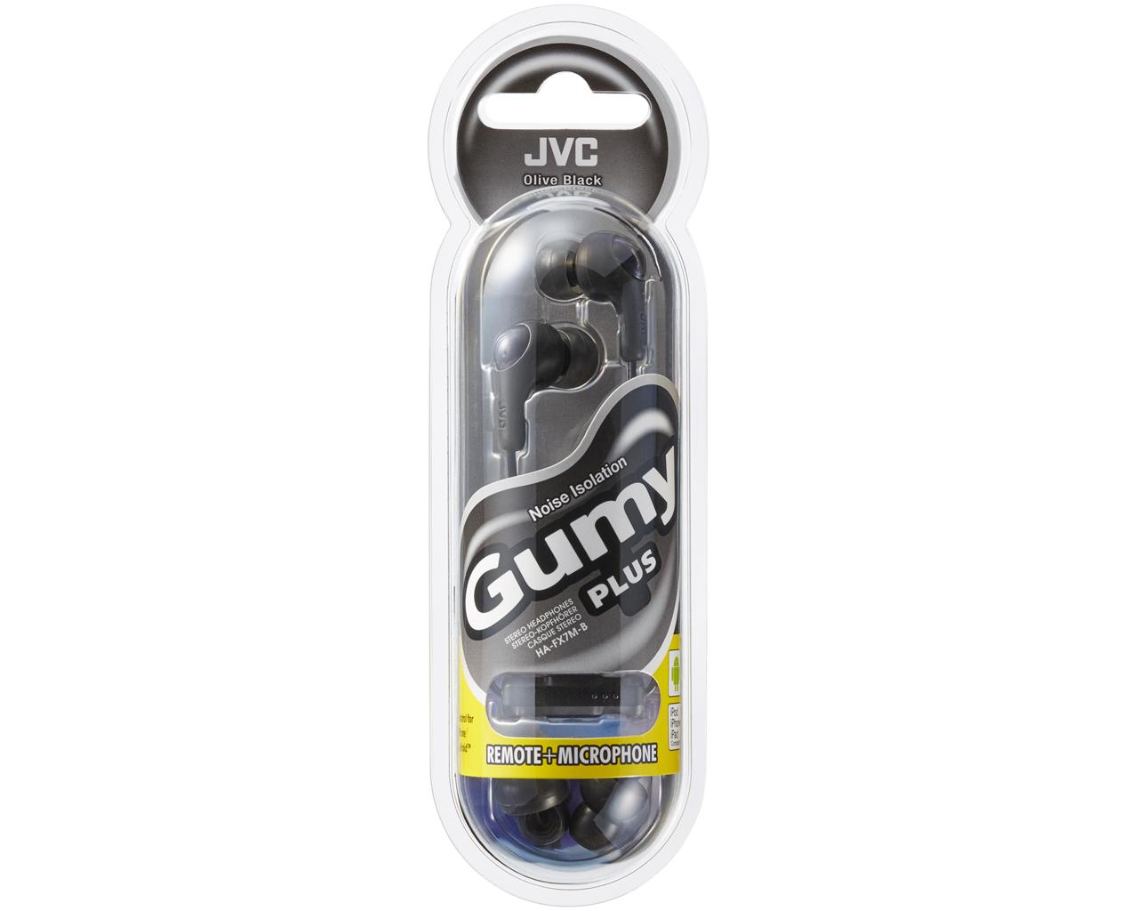 Confezione di auricolari JVC Gumy Plus nero oliva con telecomando e microfono. La confezione è trasparente e mostra gli auricolari.