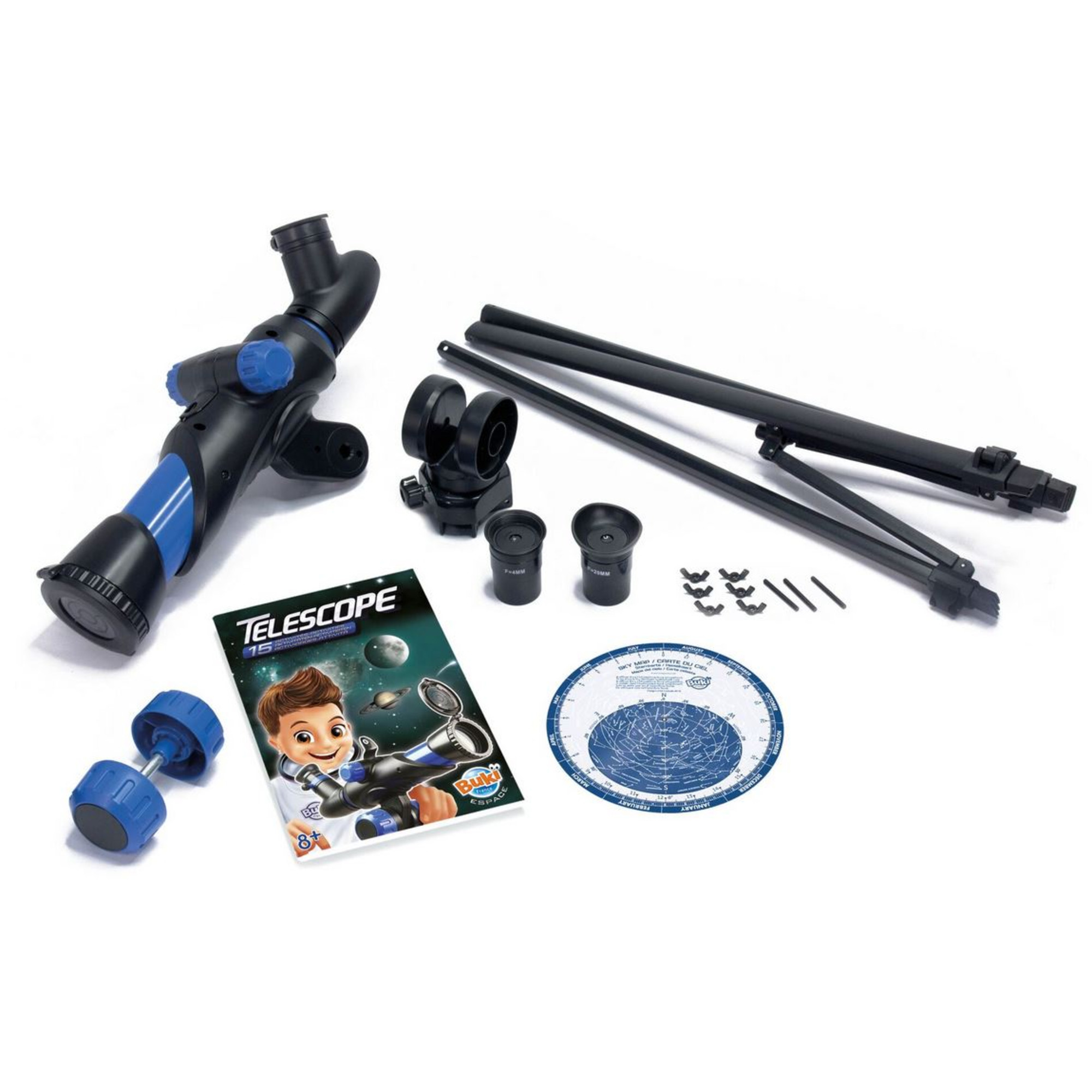 Ein Teleskop-Kit mit Teleskop, Stativ, Okularen, einer Sternkarte und einer Anleitung, alles auf weißem Hintergrund.