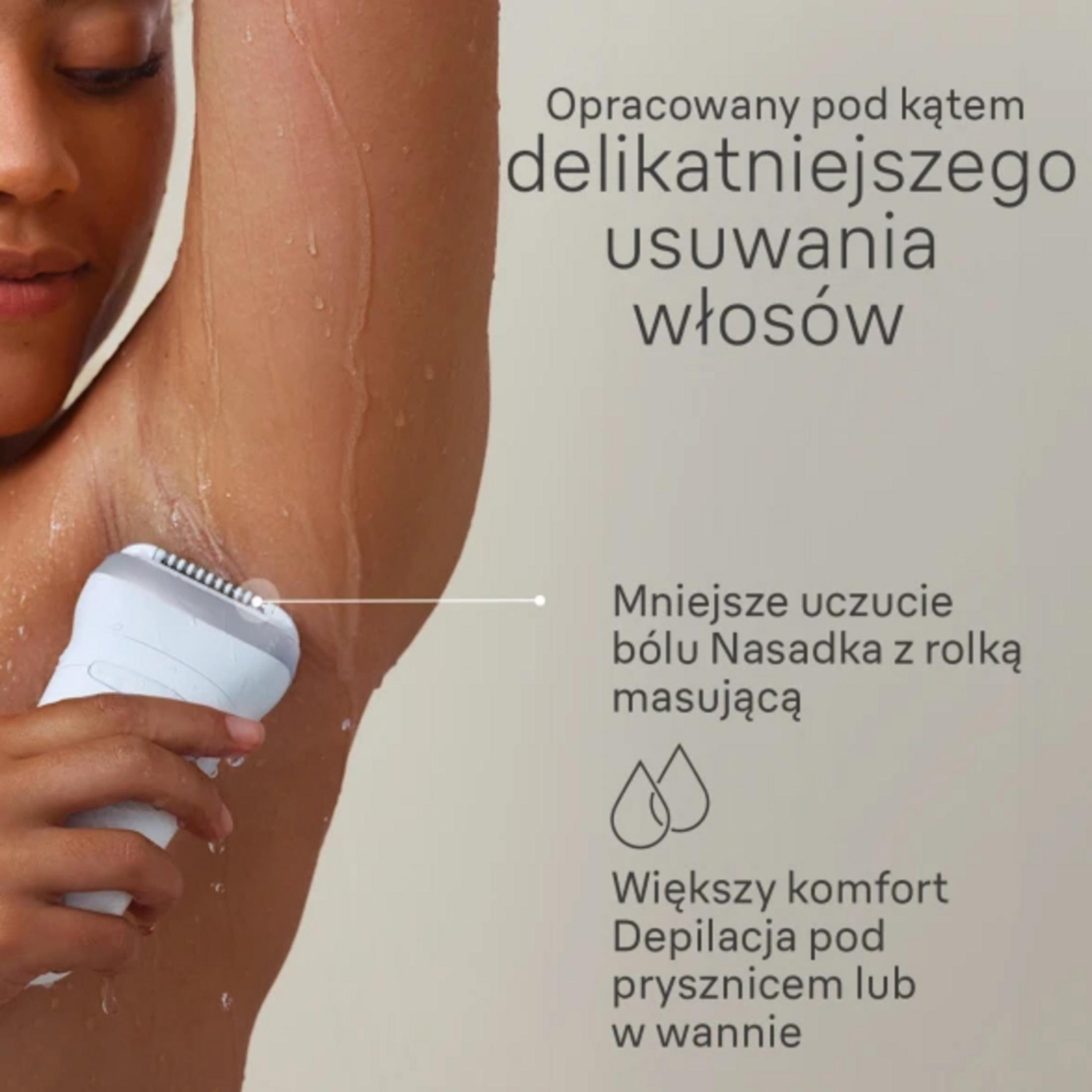 Osoba używa depilatora pod pachą. Obraz zawiera polski tekst ilustrujący korzyści z produktu.