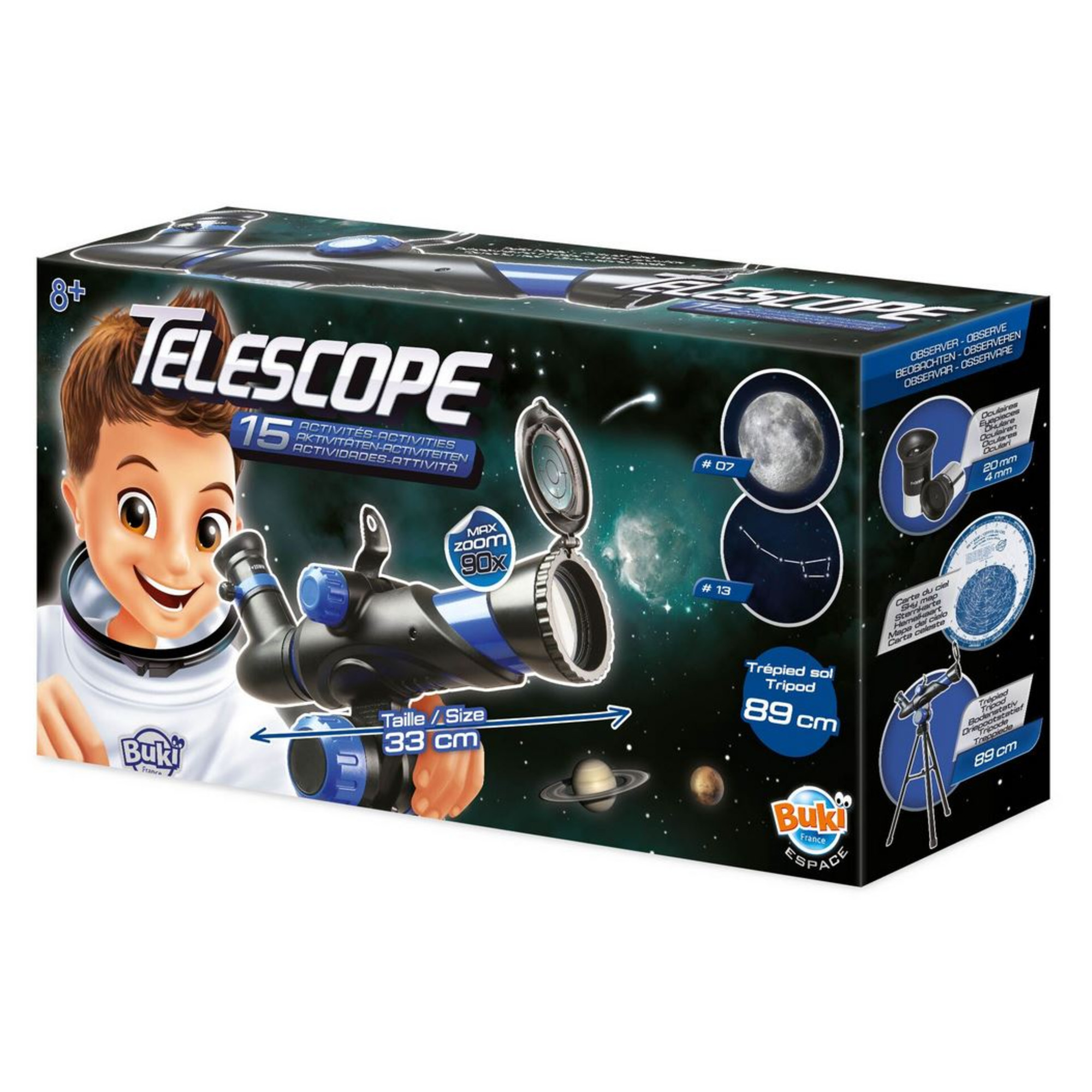 Teleskop-Box mit einem Jungen, einem Teleskop und Planeten. Text enthält 'Teleskop' und '8+.