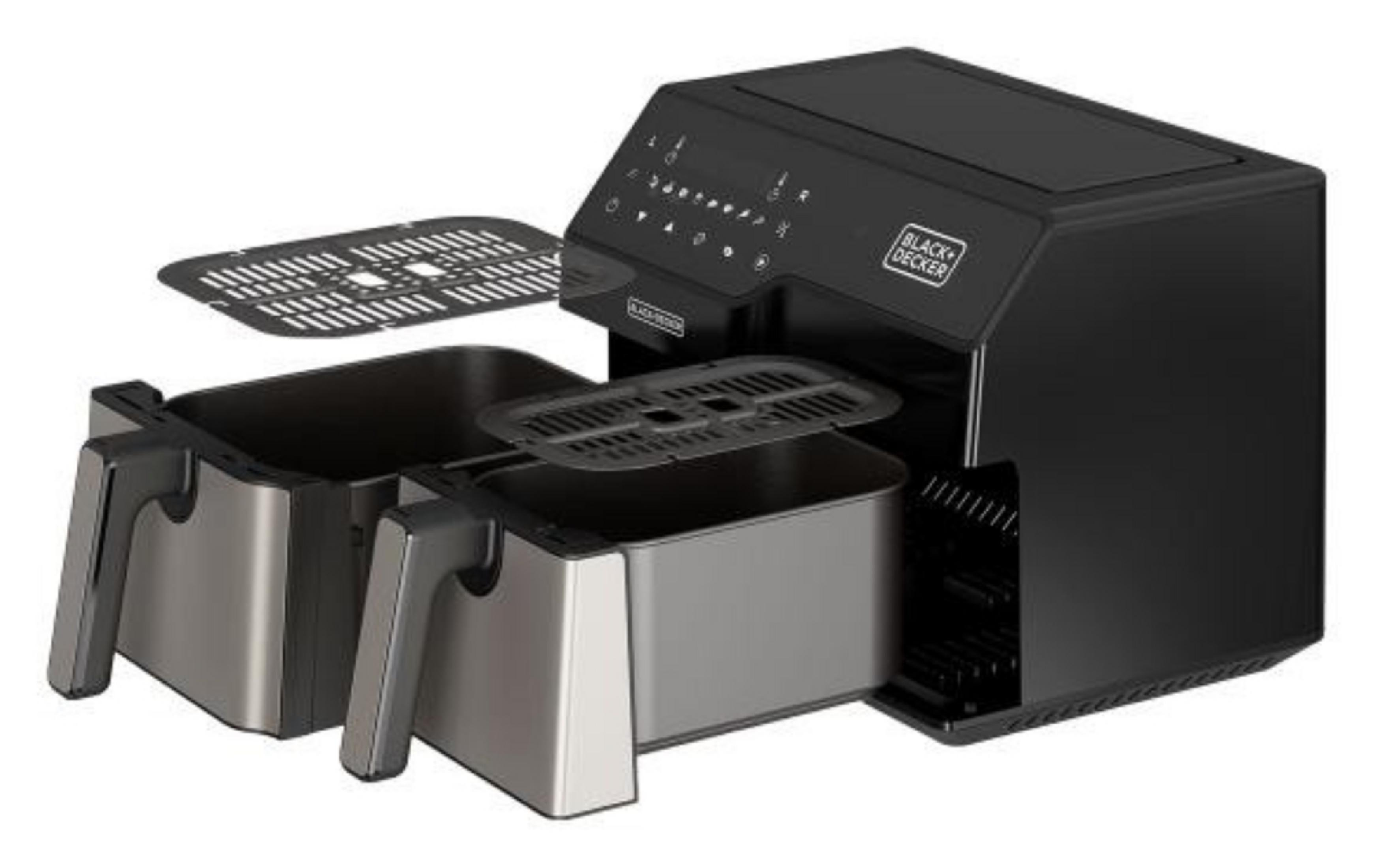 Ein schwarzer und silberner BLACK+DECKER Airfryer mit zwei Schubladen und einem digitalen Display. Es hat einen Mesh-Grill.