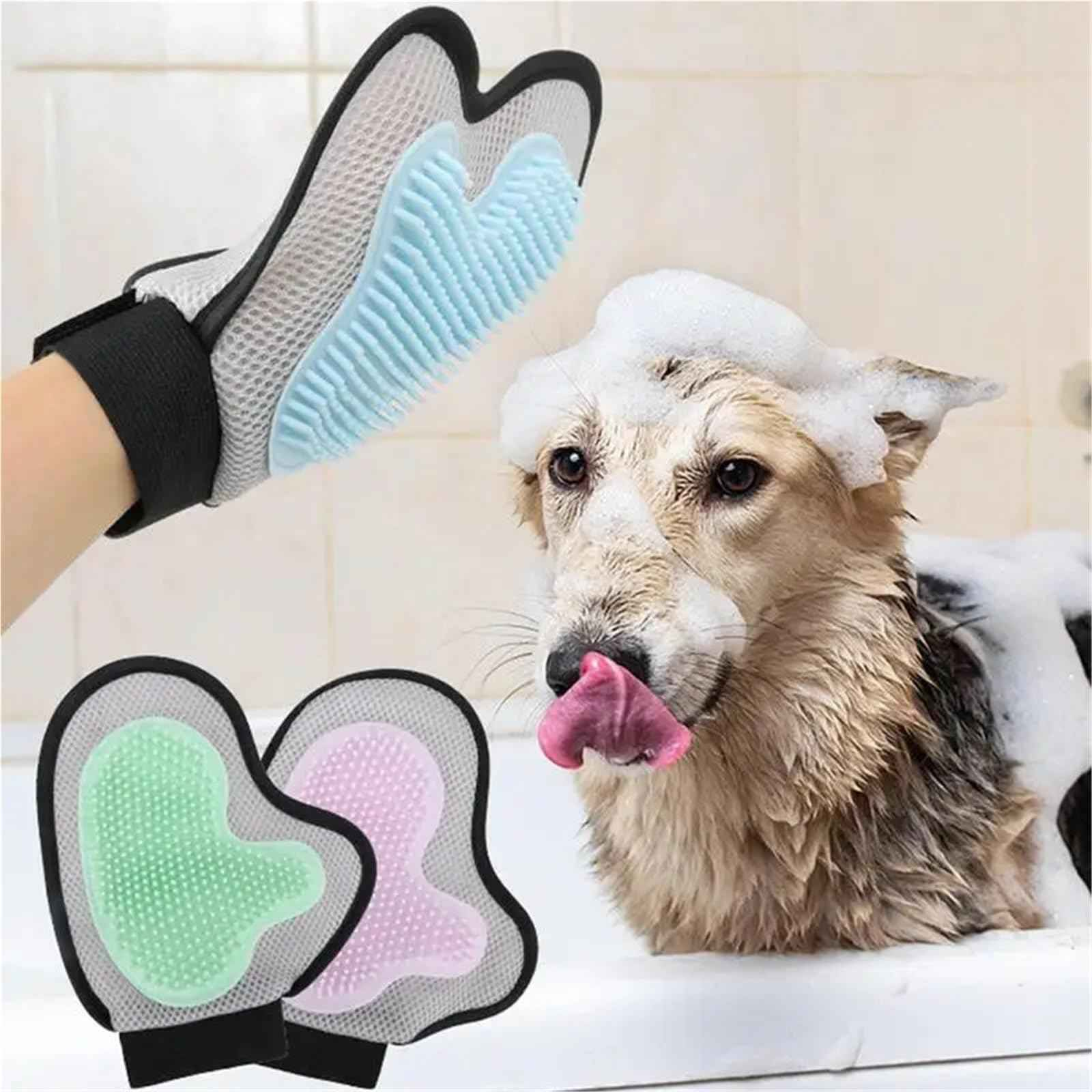 Ein Hund in einer Wanne mit Schaum, der die Zunge herausstreckt. Fellpflegehandschuhe, grün und rosa, sind ebenfalls zu sehen.