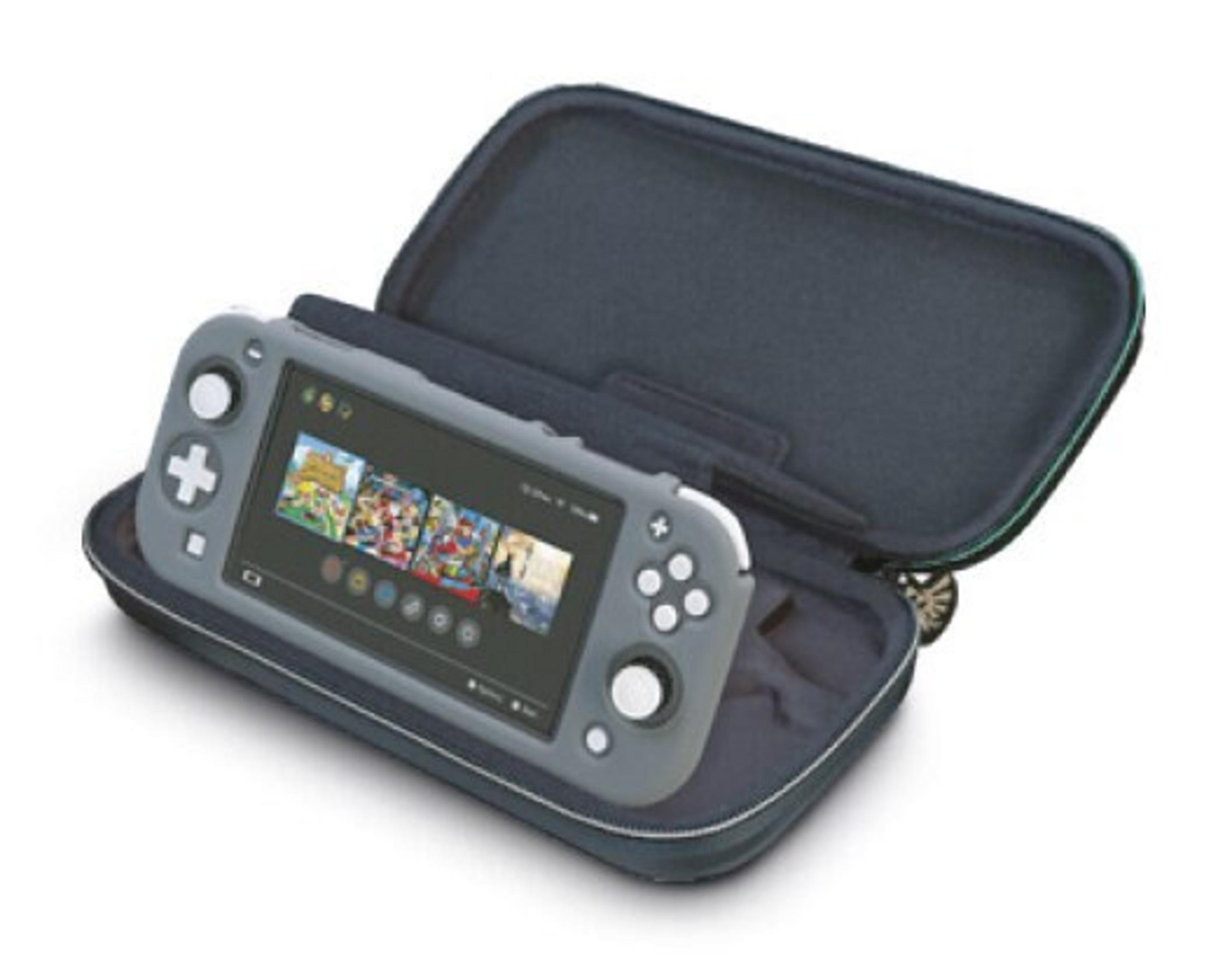 Szara konsola Nintendo Switch Lite w niebieskim etui. Ekran wyświetla ikony gier. Etui jest otwarte, pokazując konsolę.