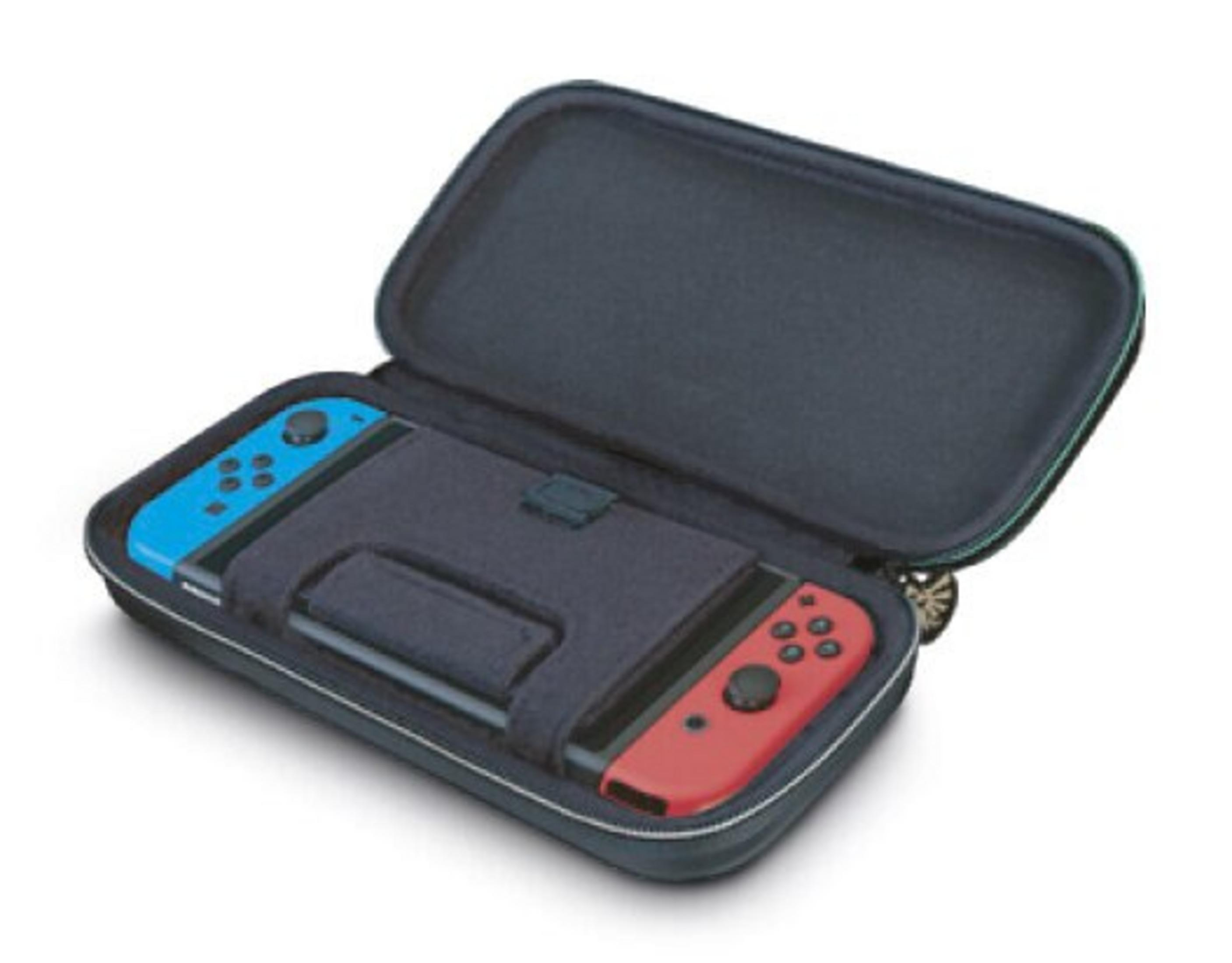 Otwarta ciemnoniebieska obudowa Nintendo Switch, odsłaniająca konsolę i kontrolery. Lewy kontroler jest niebieski, prawy czerwony.