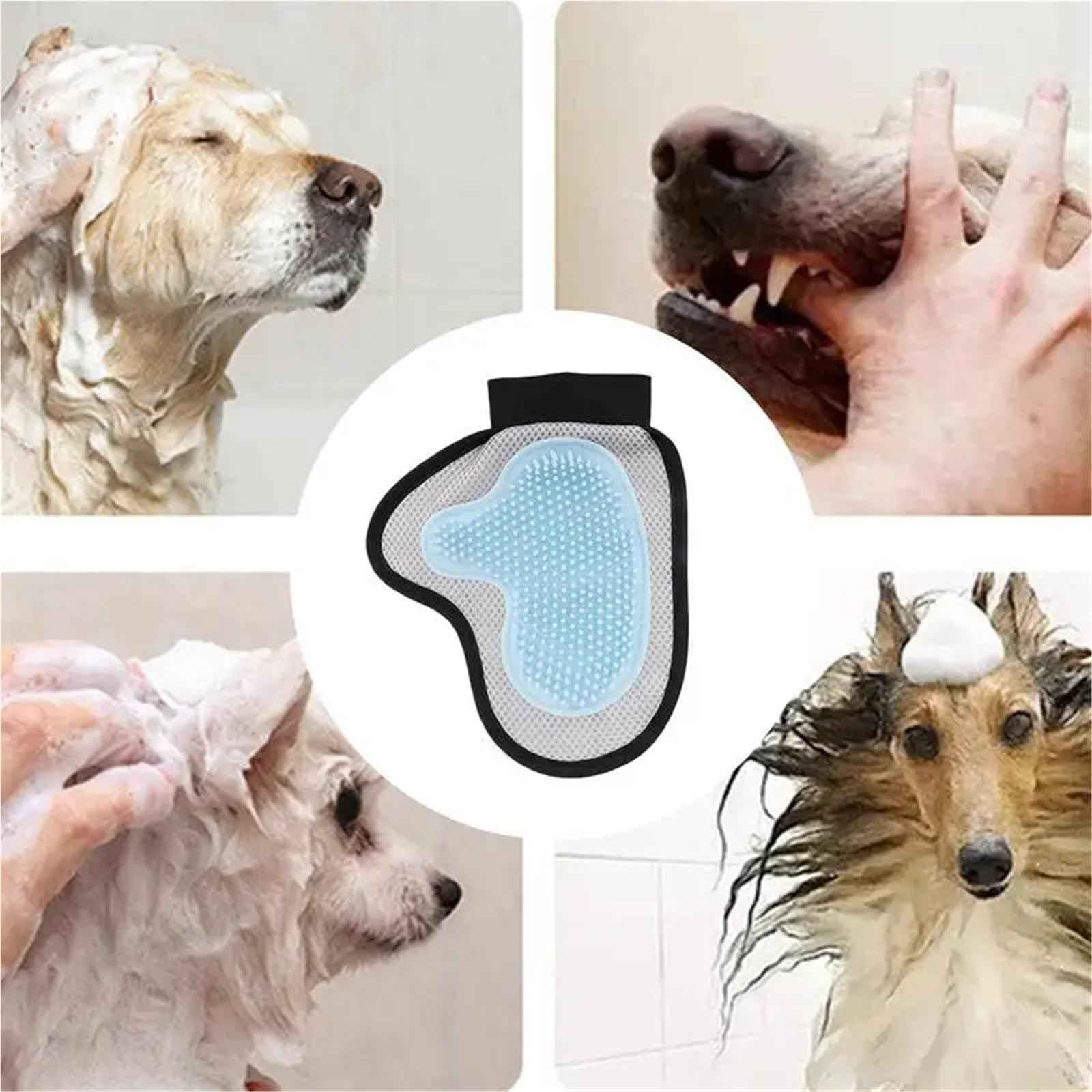 Ein Hunde-Pflegehandschuh mit Hunden, die mit Schaum gewaschen werden. Vier Hunde werden gebadet. Ein Hund beißt eine Hand.
