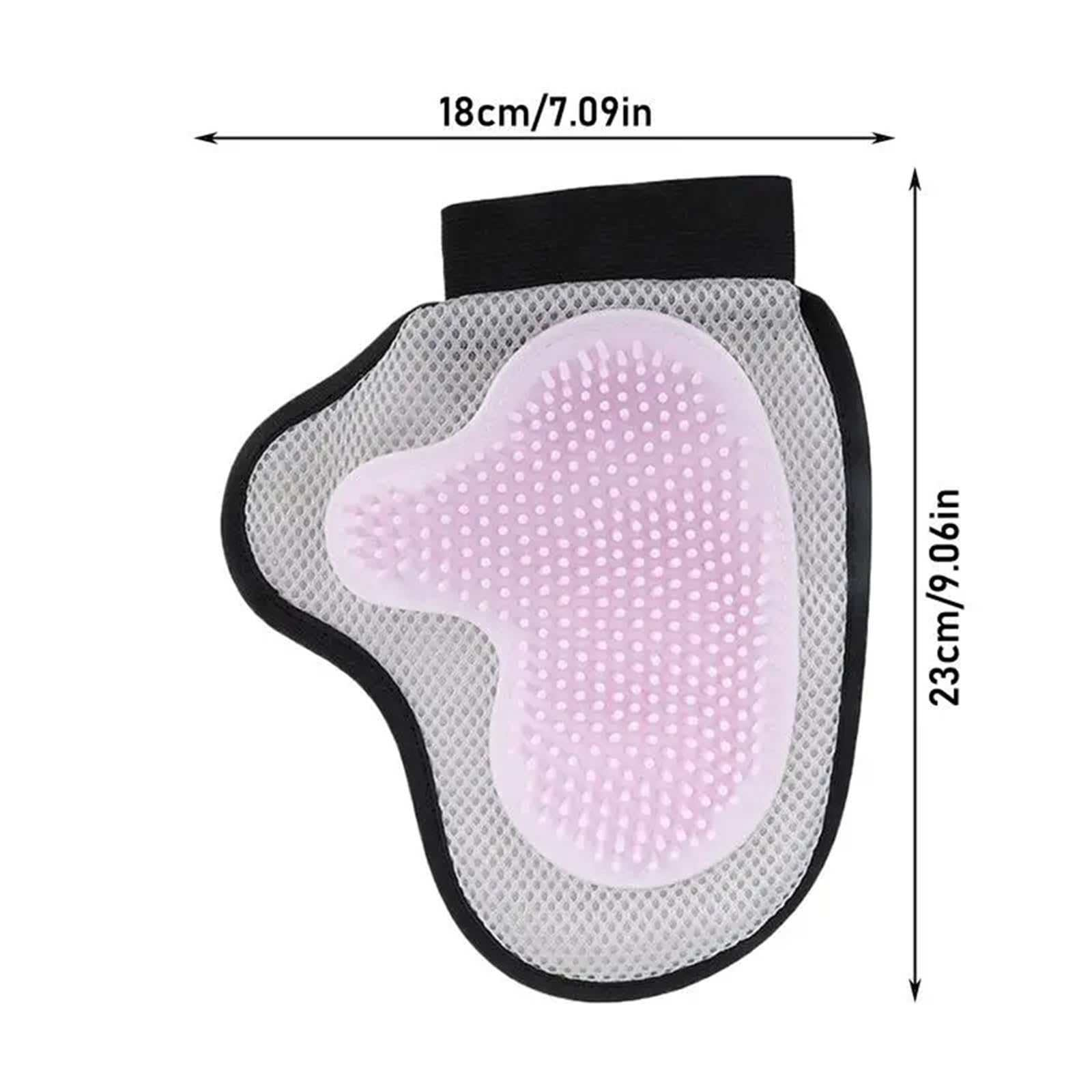 Ein Haustierpflegehandschuh, rosa Borsten, schwarze Manschette und Mesh-Basis. Die Abmessungen betragen 18 cm x 23 cm.