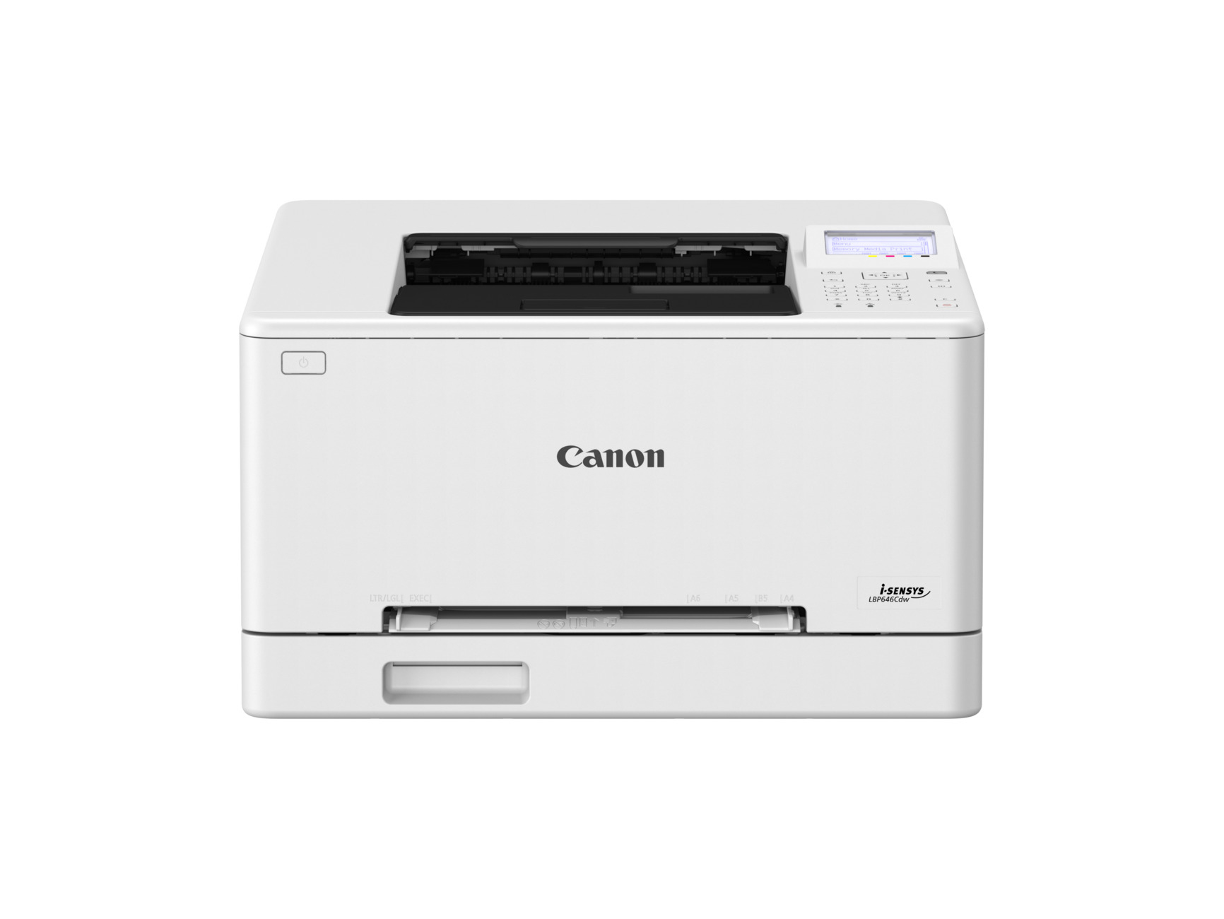 Una stampante Canon i-SENSYS LBP646Cdw bianca. Ha un pannello di controllo, un vassoio carta e il logo Canon.